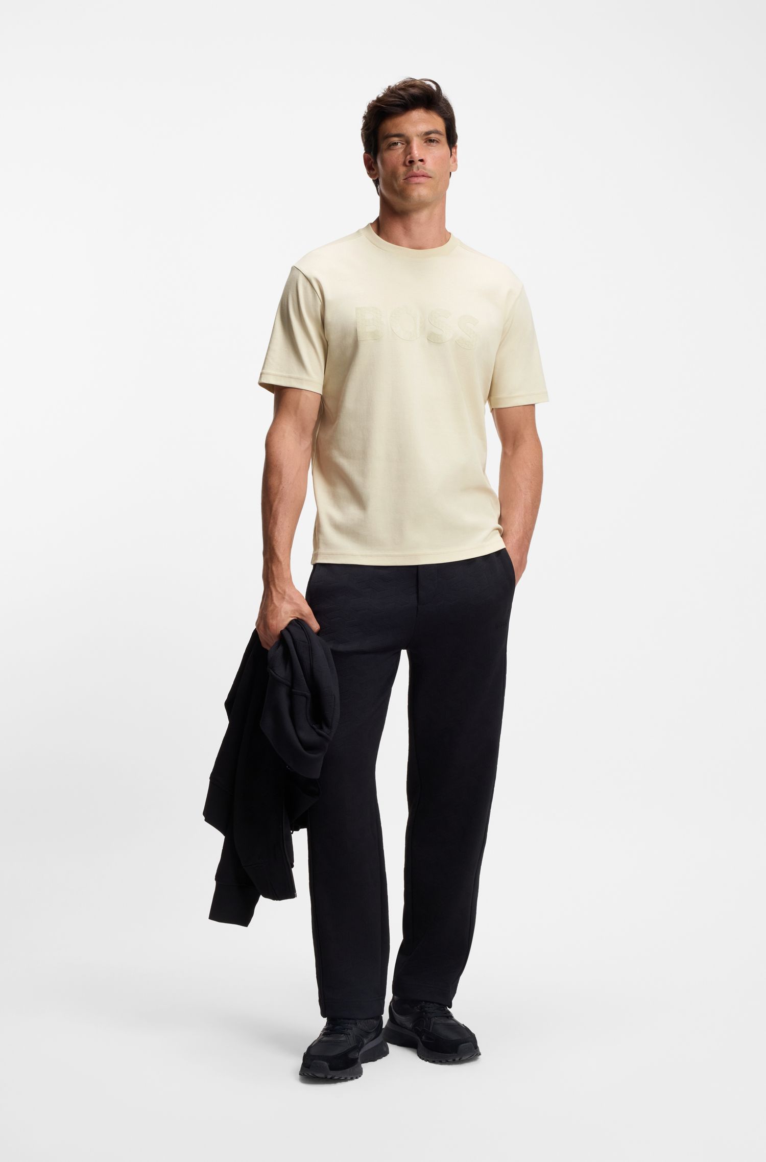 BOSS - Áo thun cotton jersey in logo nổi