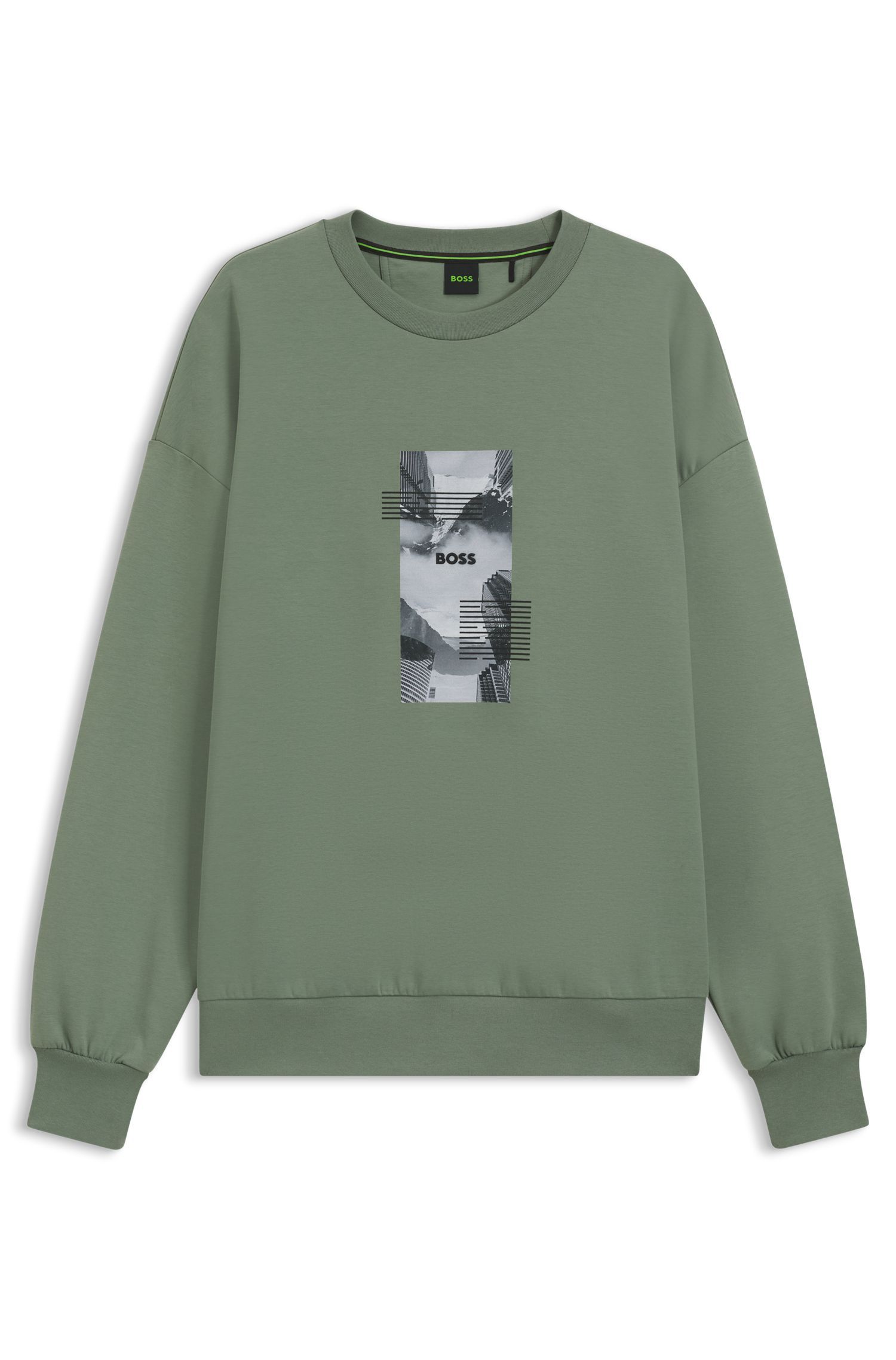 BOSS - Áo nỉ dáng oversized vải cotton pha in hình tấm ảnh với logo