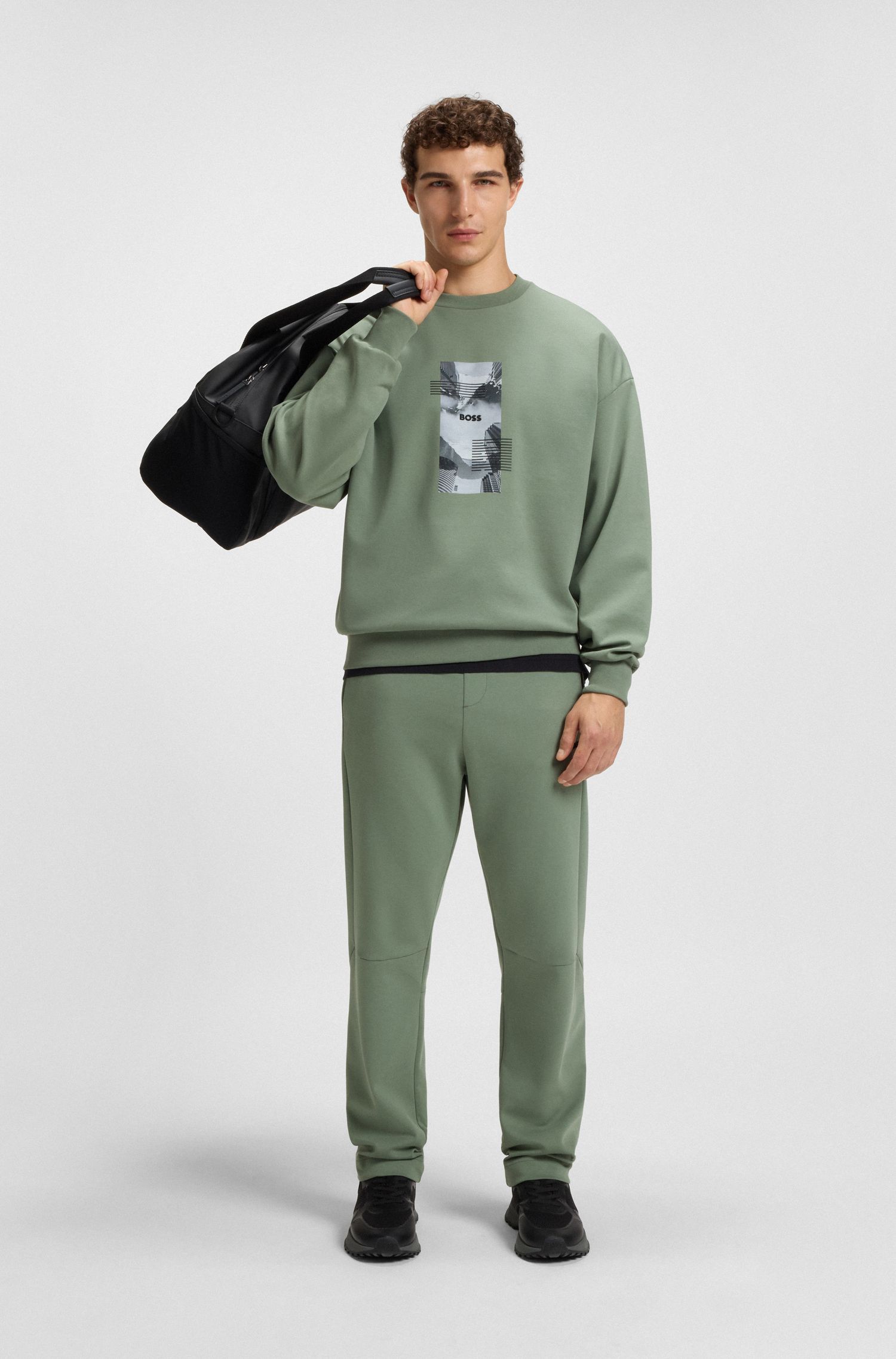 BOSS - Áo nỉ dáng oversized vải cotton pha in hình tấm ảnh với logo