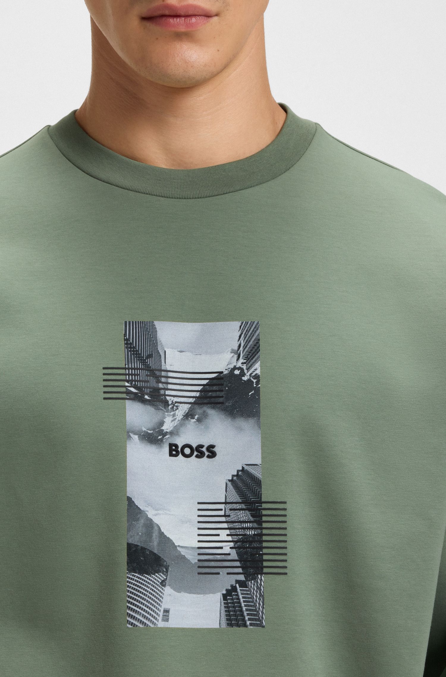 BOSS - Áo nỉ dáng oversized vải cotton pha in hình tấm ảnh với logo