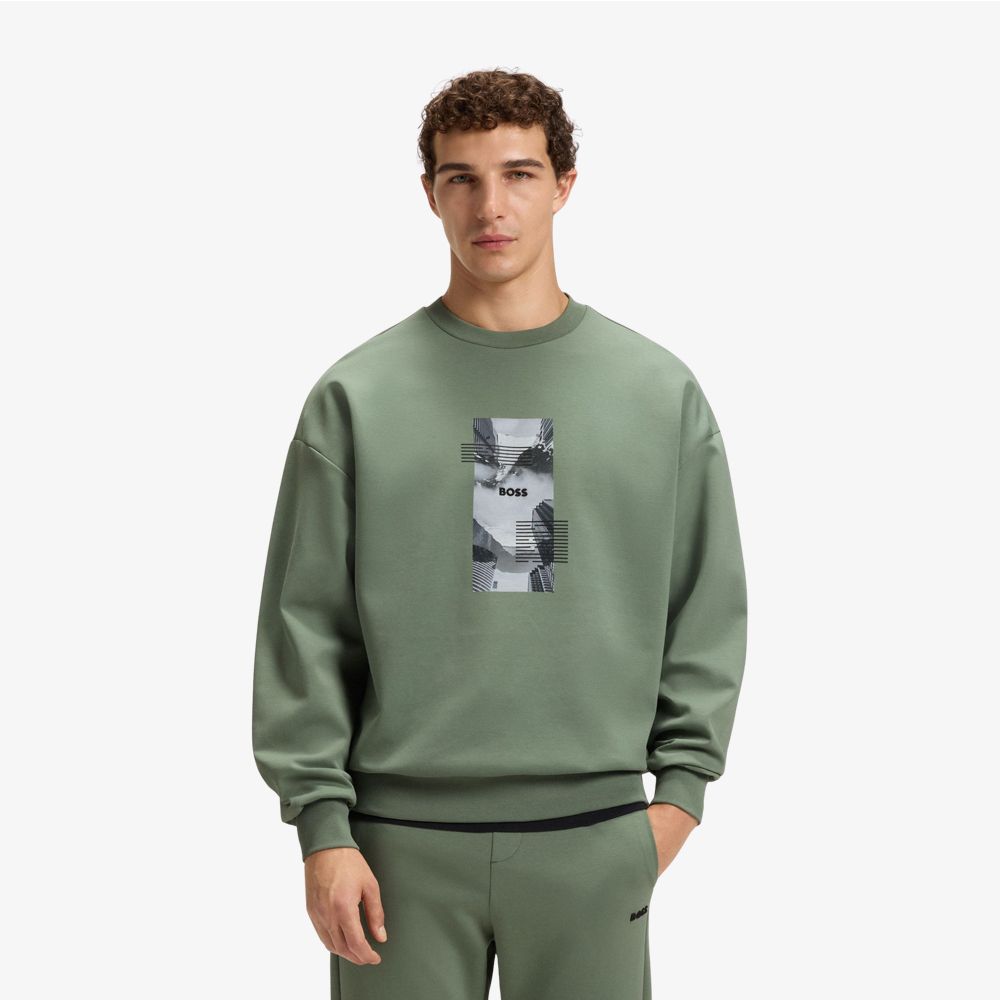 BOSS - Áo nỉ dáng oversized vải cotton pha in hình tấm ảnh với logo