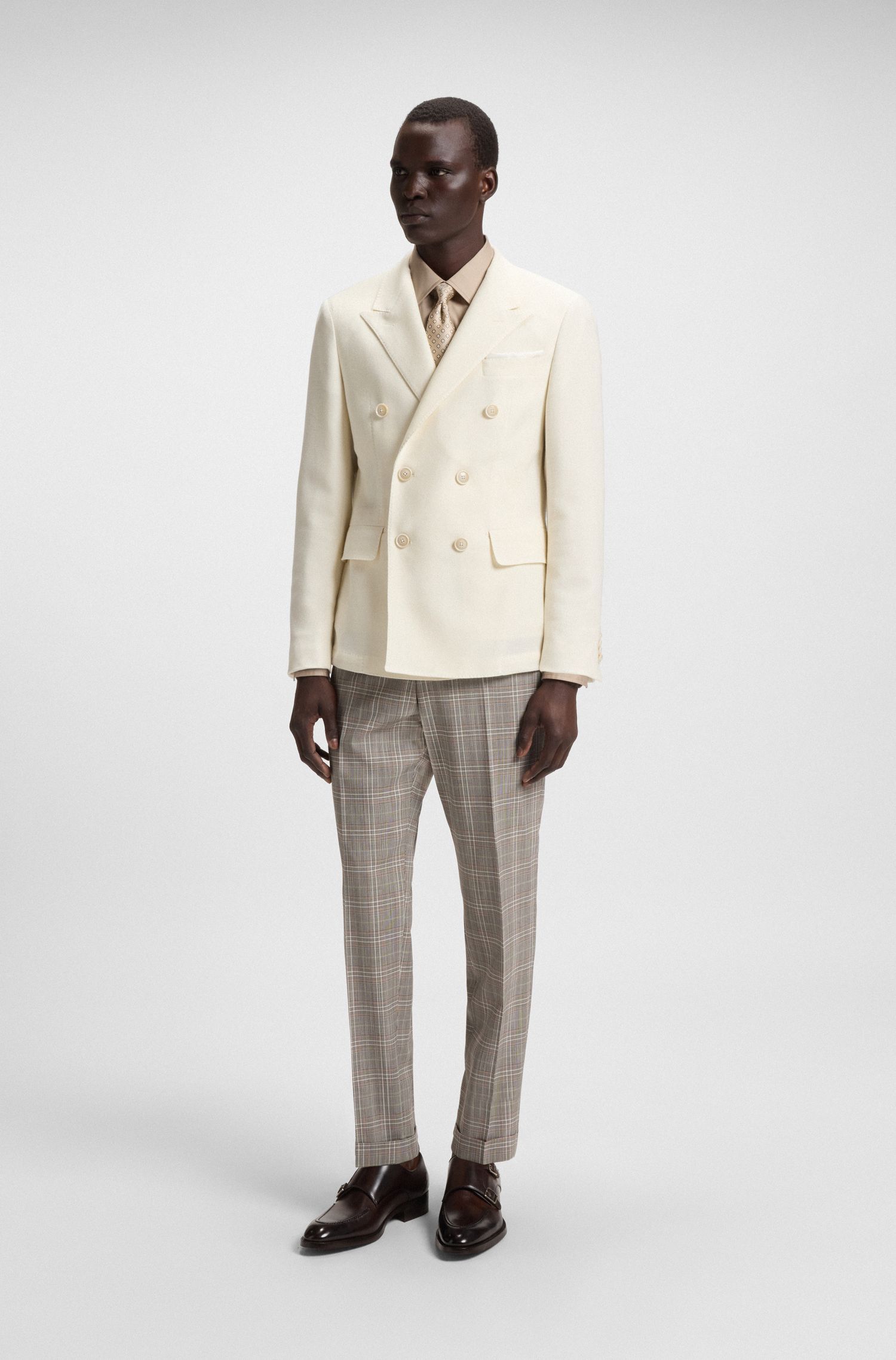 BOSS - Áo blazer dáng ôm cotton pha cashmere melange