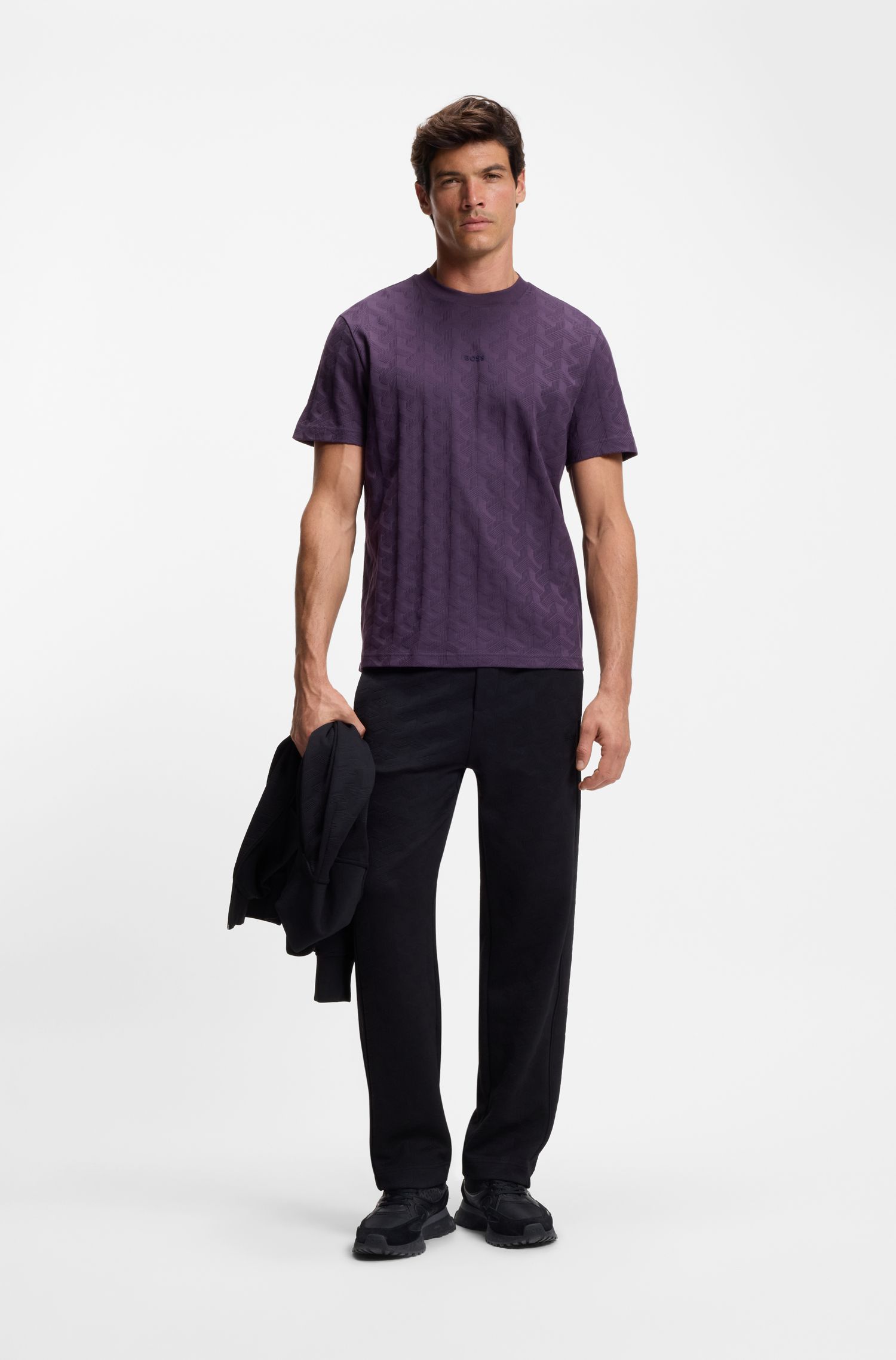 BOSS - Áo thun cotton họa tiết jacquard