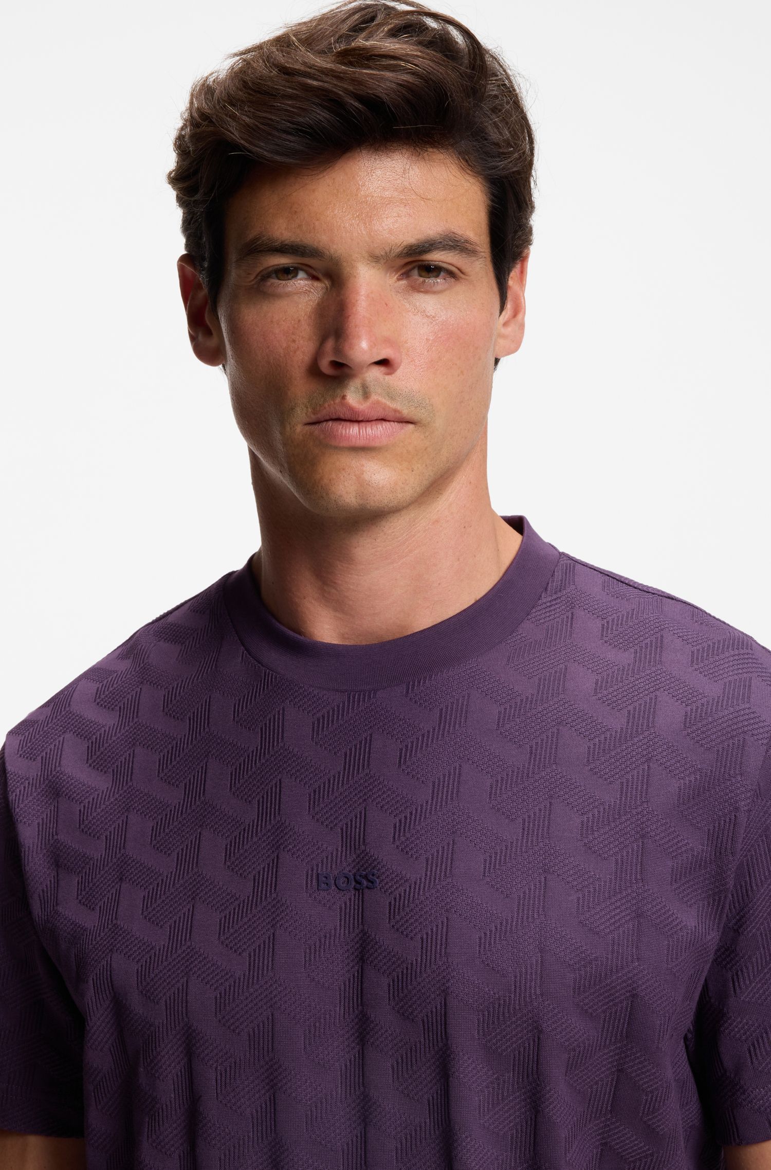 BOSS - Áo thun cotton họa tiết jacquard