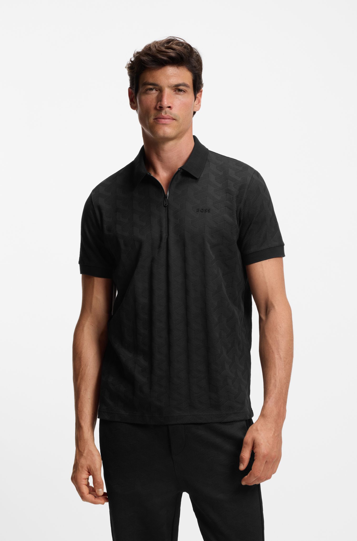 BOSS - Áo polo cotton mercerised với họa tiết jacquard