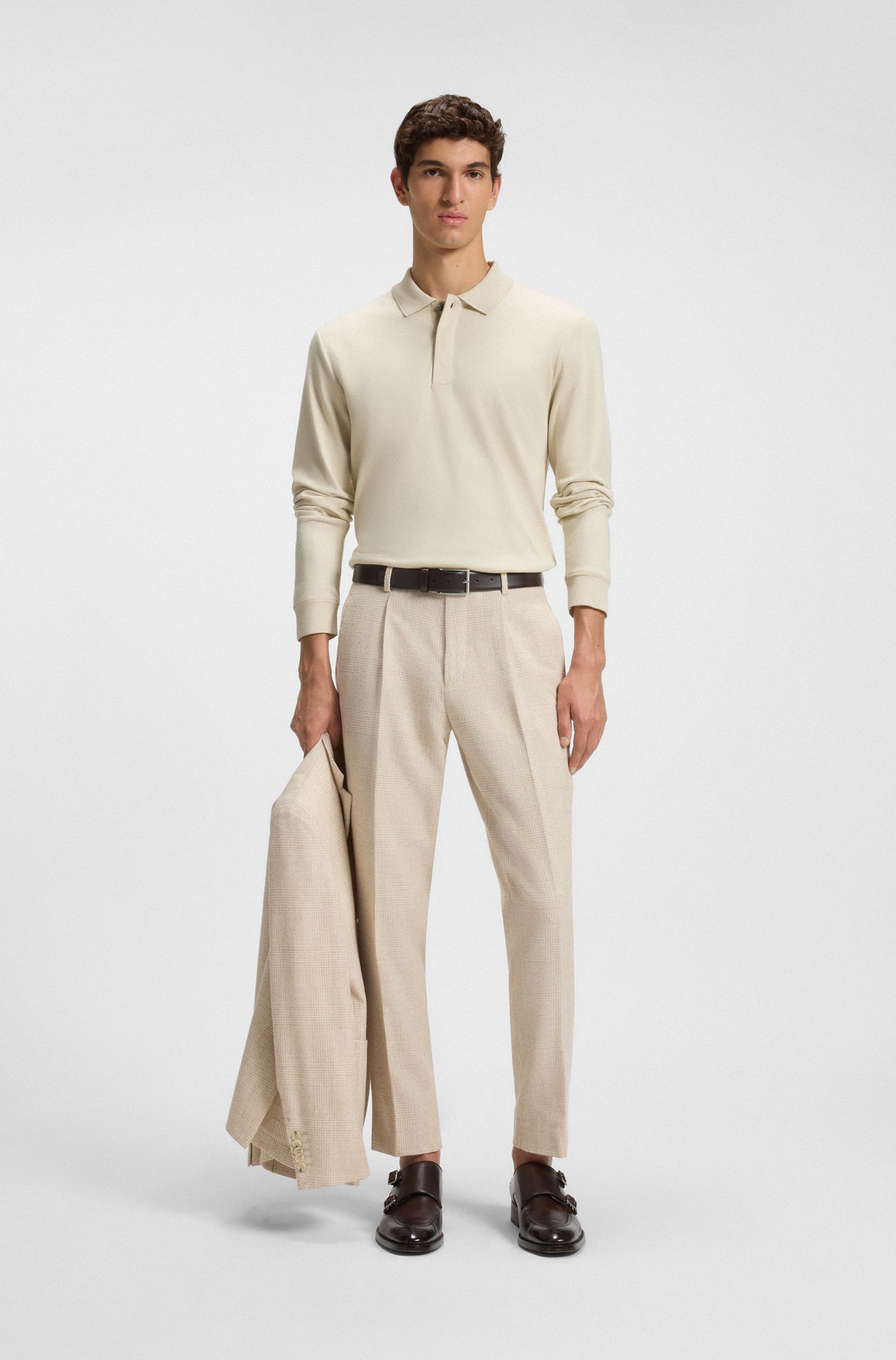 BOSS - Áo polo cotton-cashmere với hàng nẹp cúc ẩn