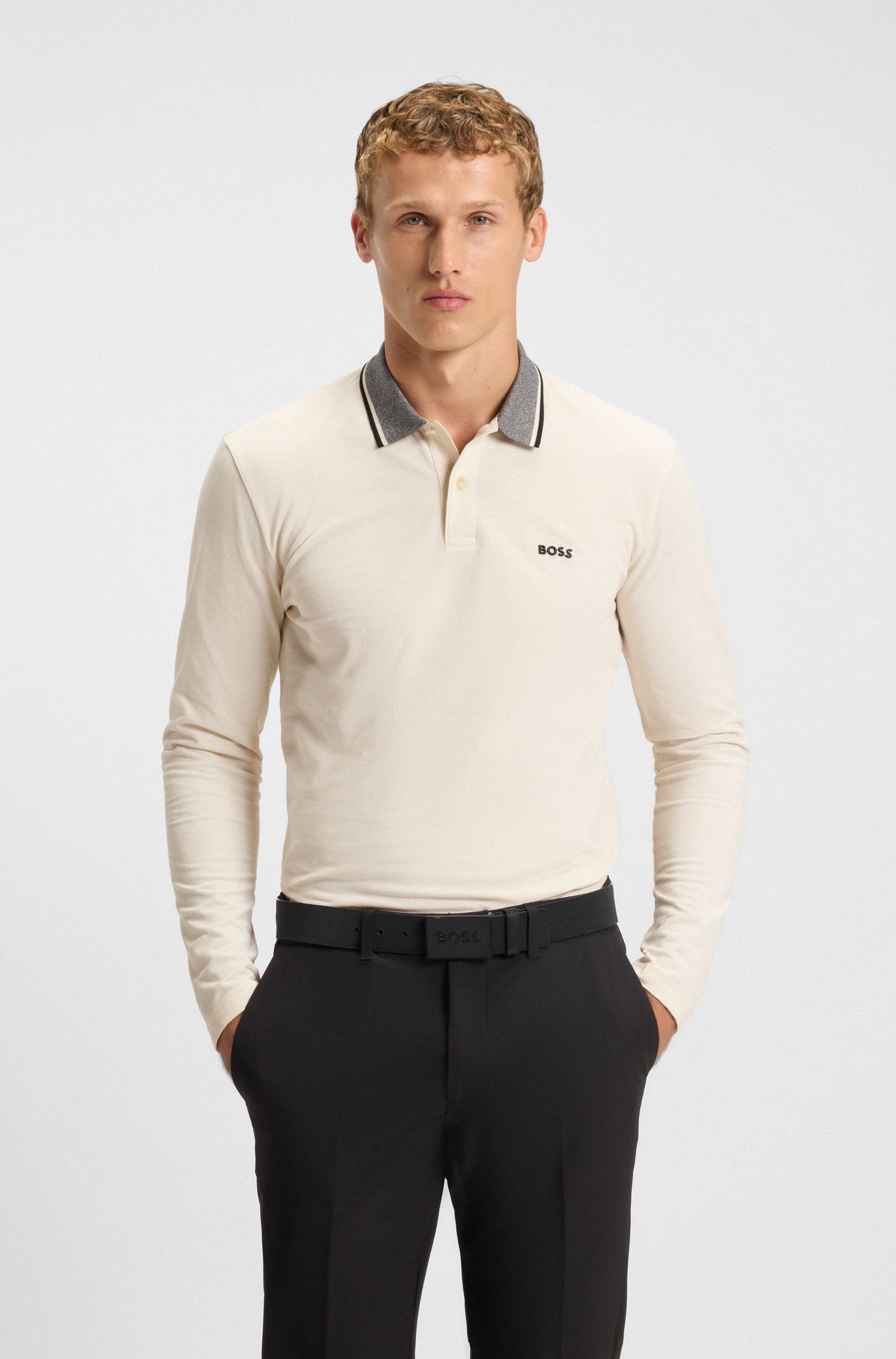 Áo polo cotton piqué với cổ áo mouliné