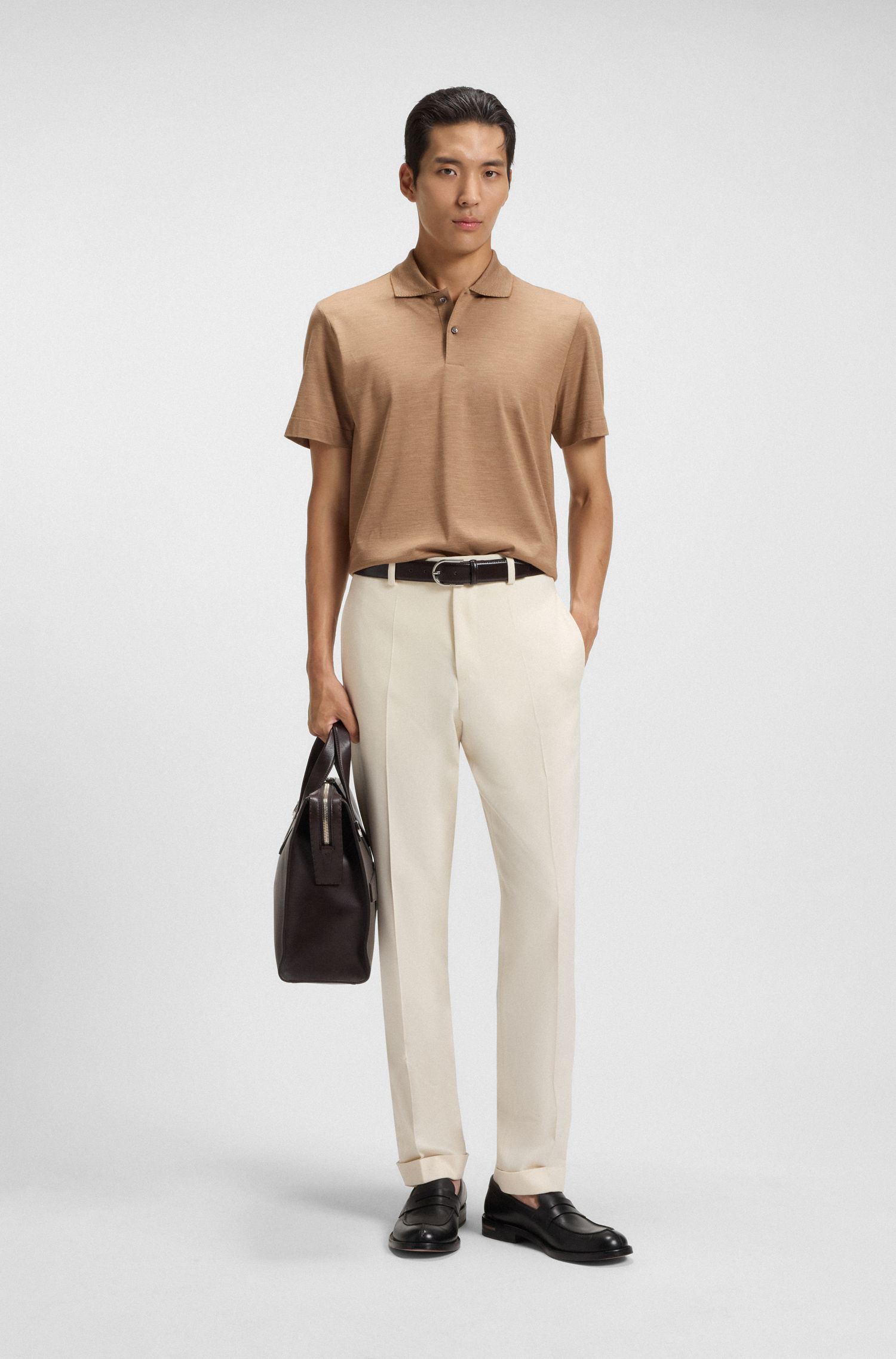 BOSS - Áo polo cotton pha lụa với viền cổ áo phối màu