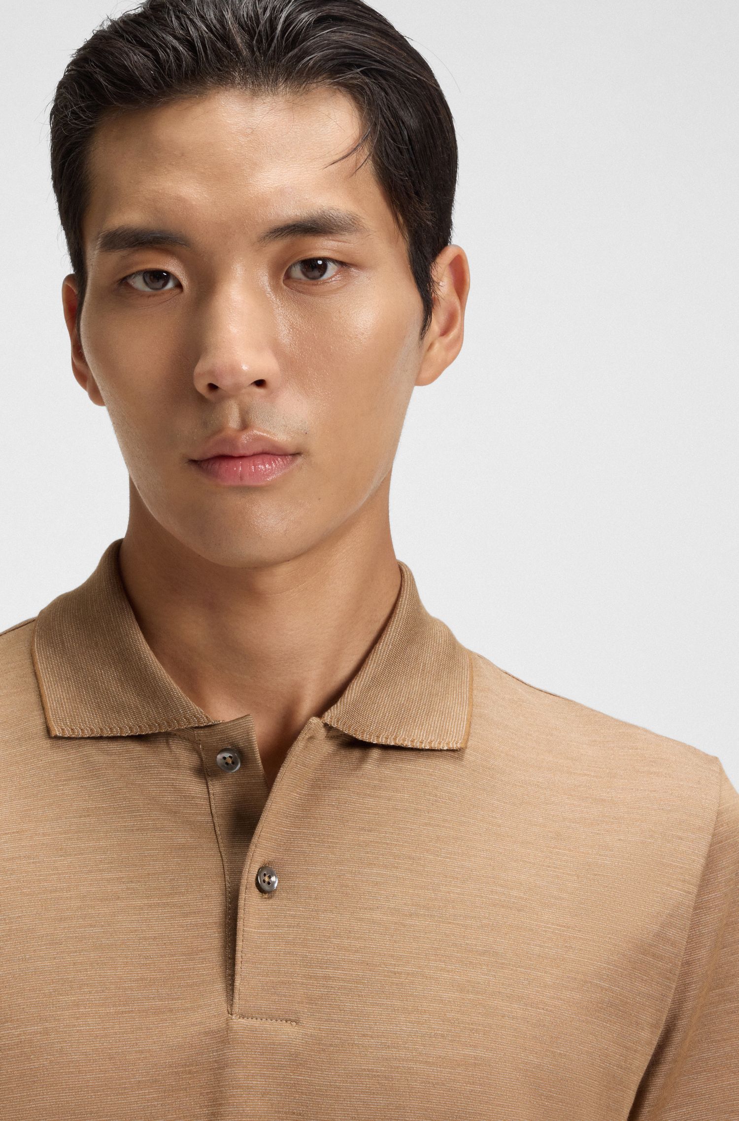 BOSS - Áo polo cotton pha lụa với viền cổ áo phối màu