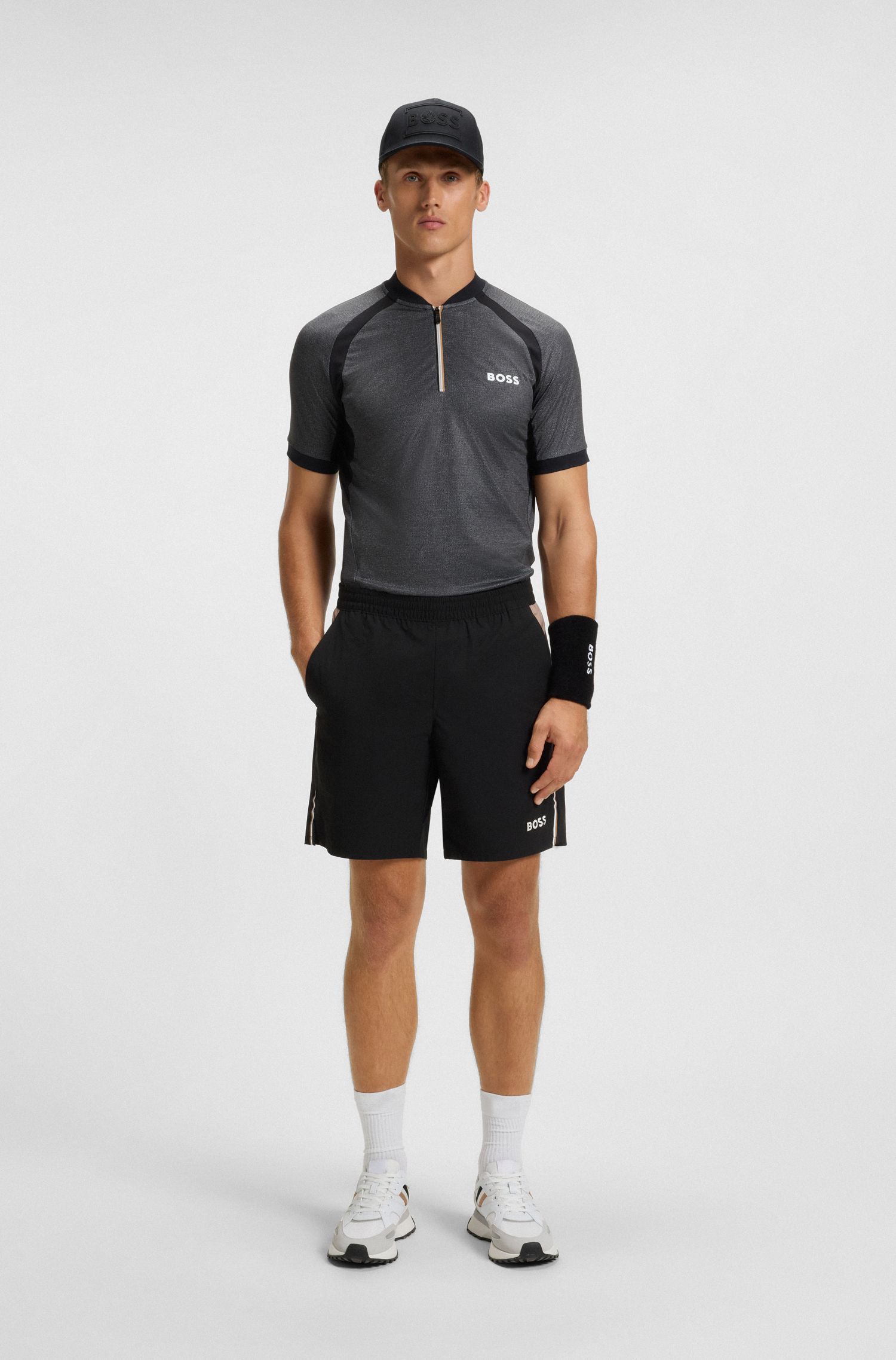 BOSS - Áo polo dáng slim fit cổ kéo khóa vải jersey lưới