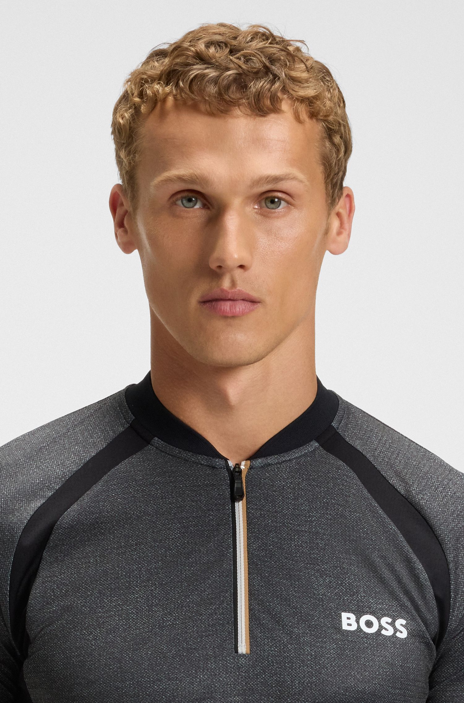 BOSS - Áo polo dáng slim fit cổ kéo khóa vải jersey lưới