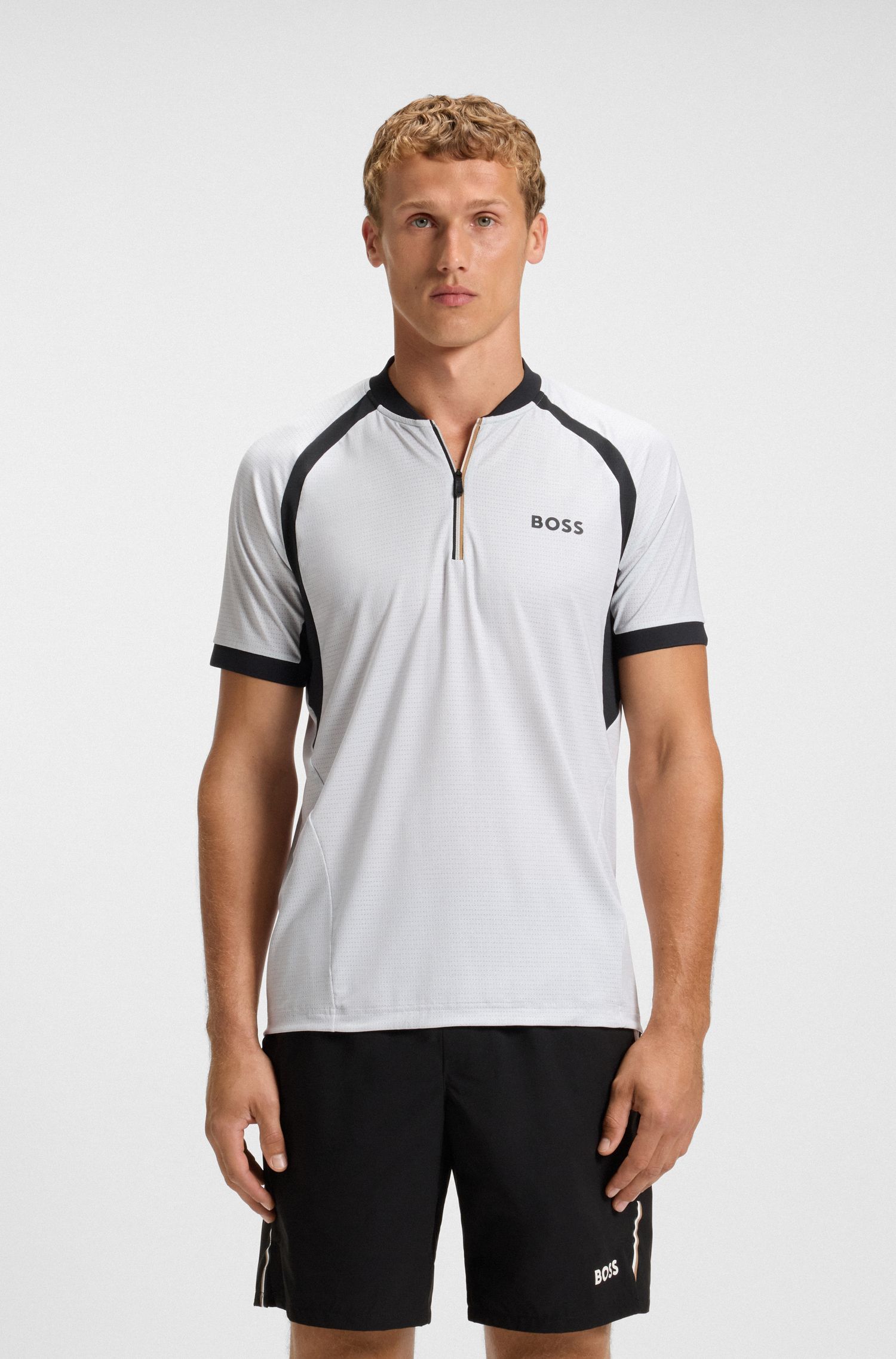 Áo polo dáng slim fit cổ kéo khóa vải jersey lưới