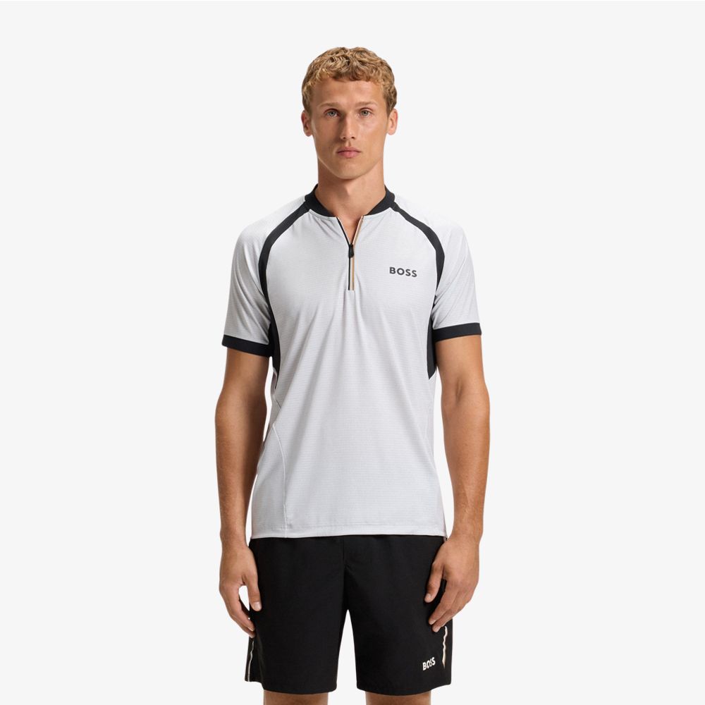 BOSS - Áo polo dáng slim fit cổ kéo khóa vải jersey lưới