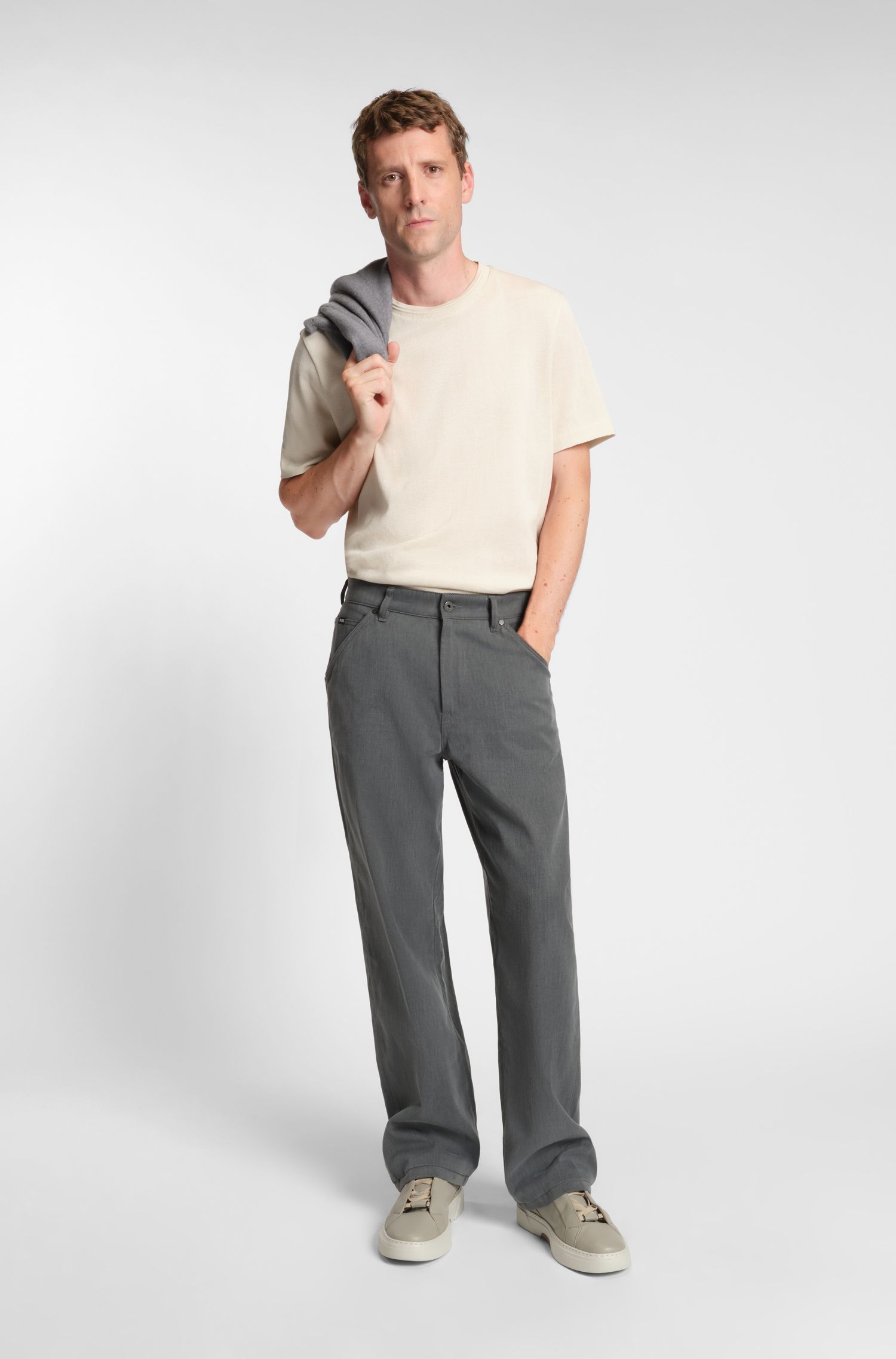 BOSS - Áo thun vải cotton họa tiết herringbone