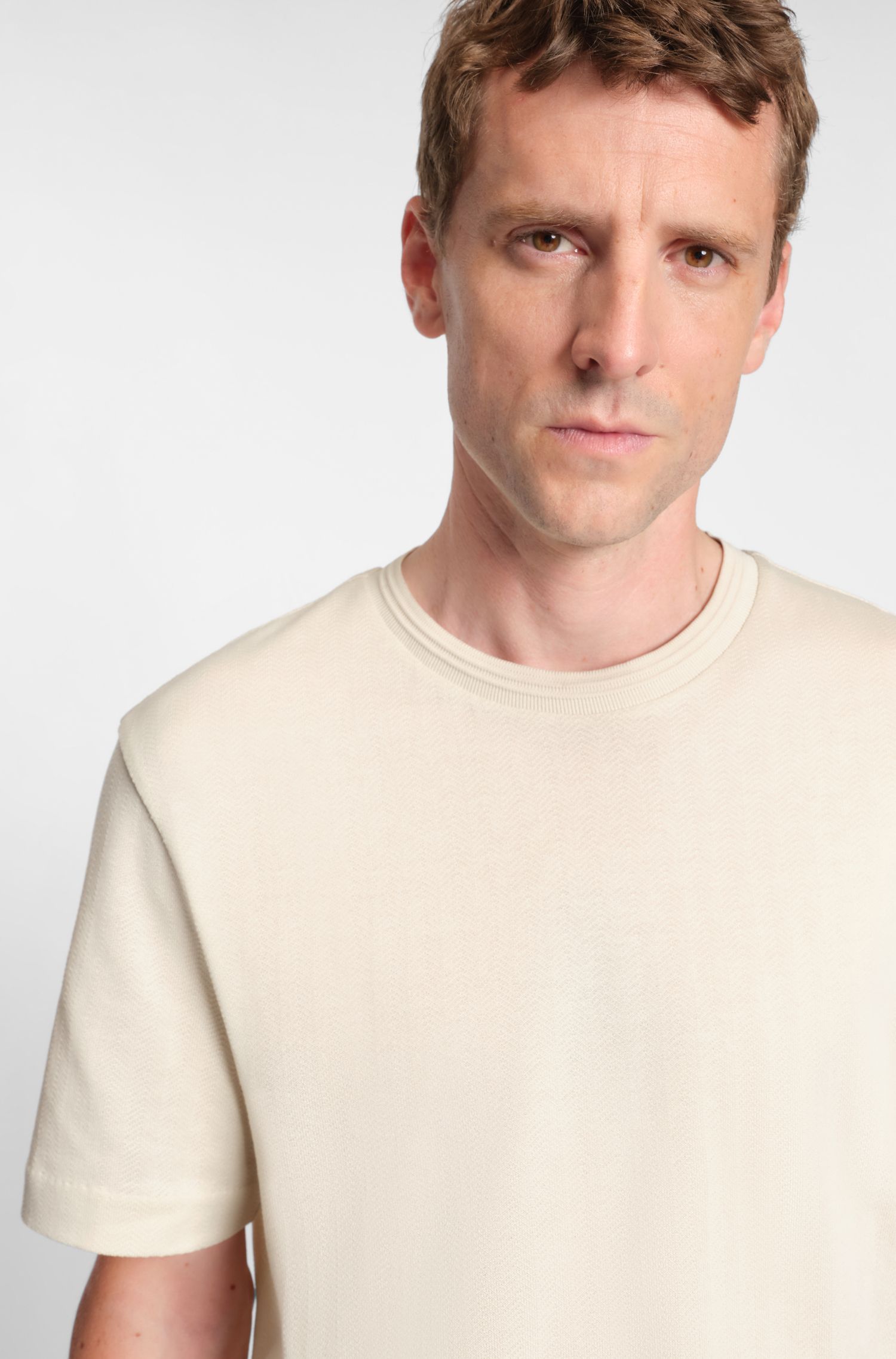 BOSS - Áo thun vải cotton họa tiết herringbone