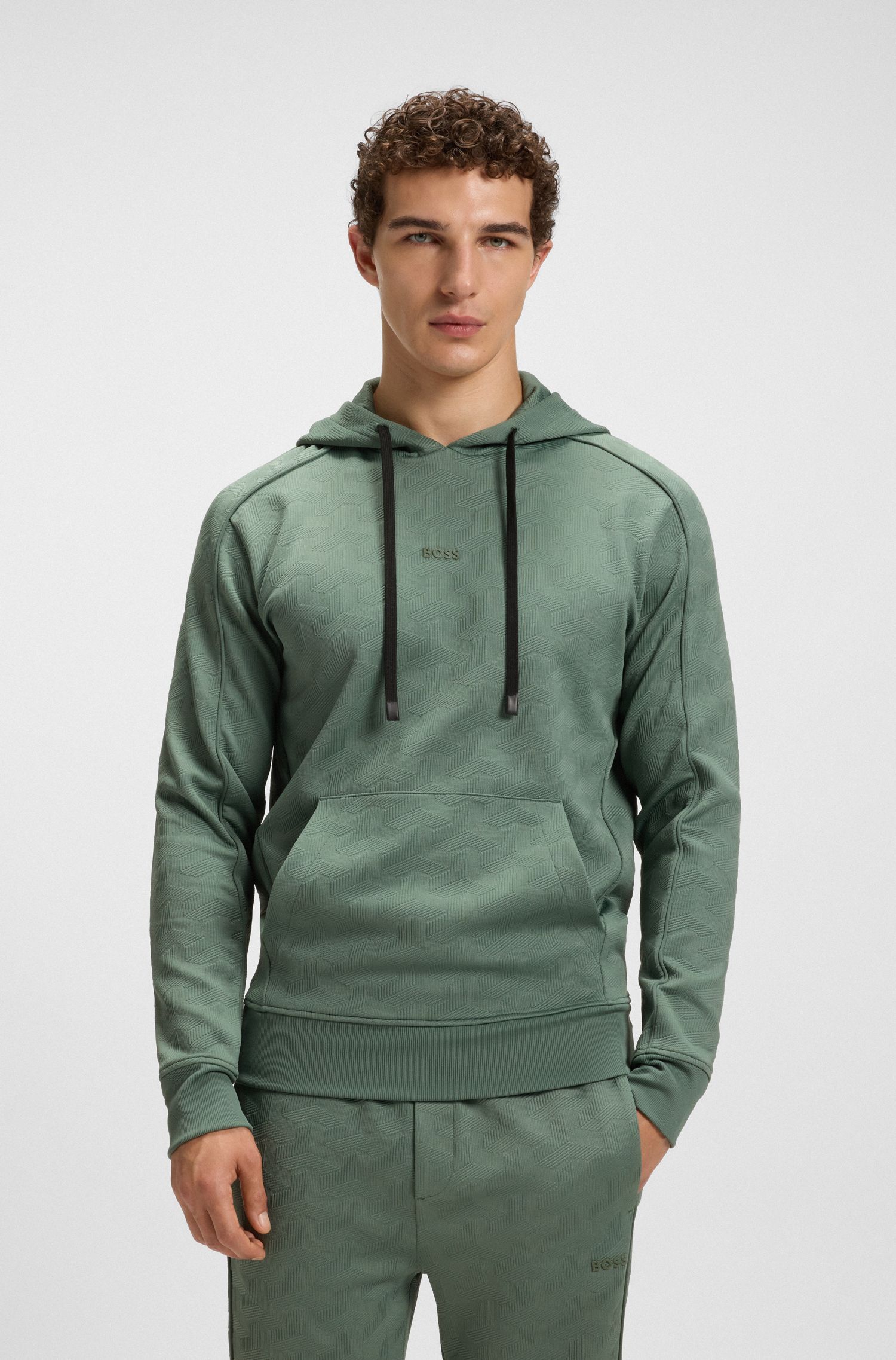BOSS - Áo hoodie dáng regular fit vải jacquard chần bông