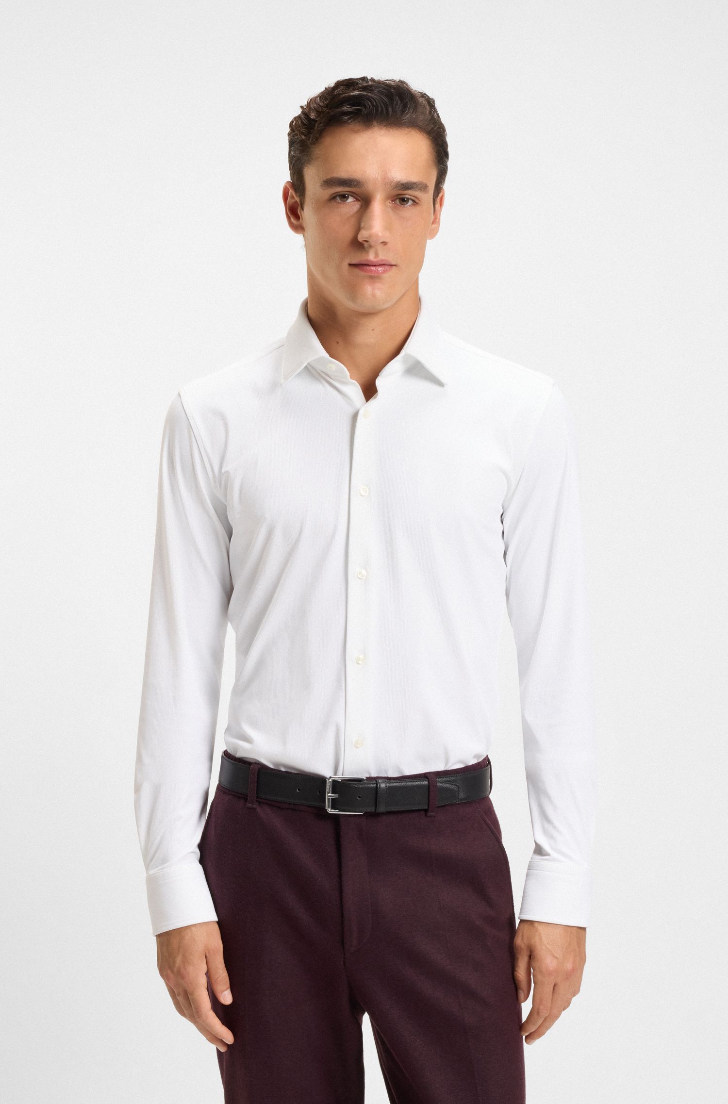 Áo sơ mi dáng slim fit vải flannel co giãn chải mịn