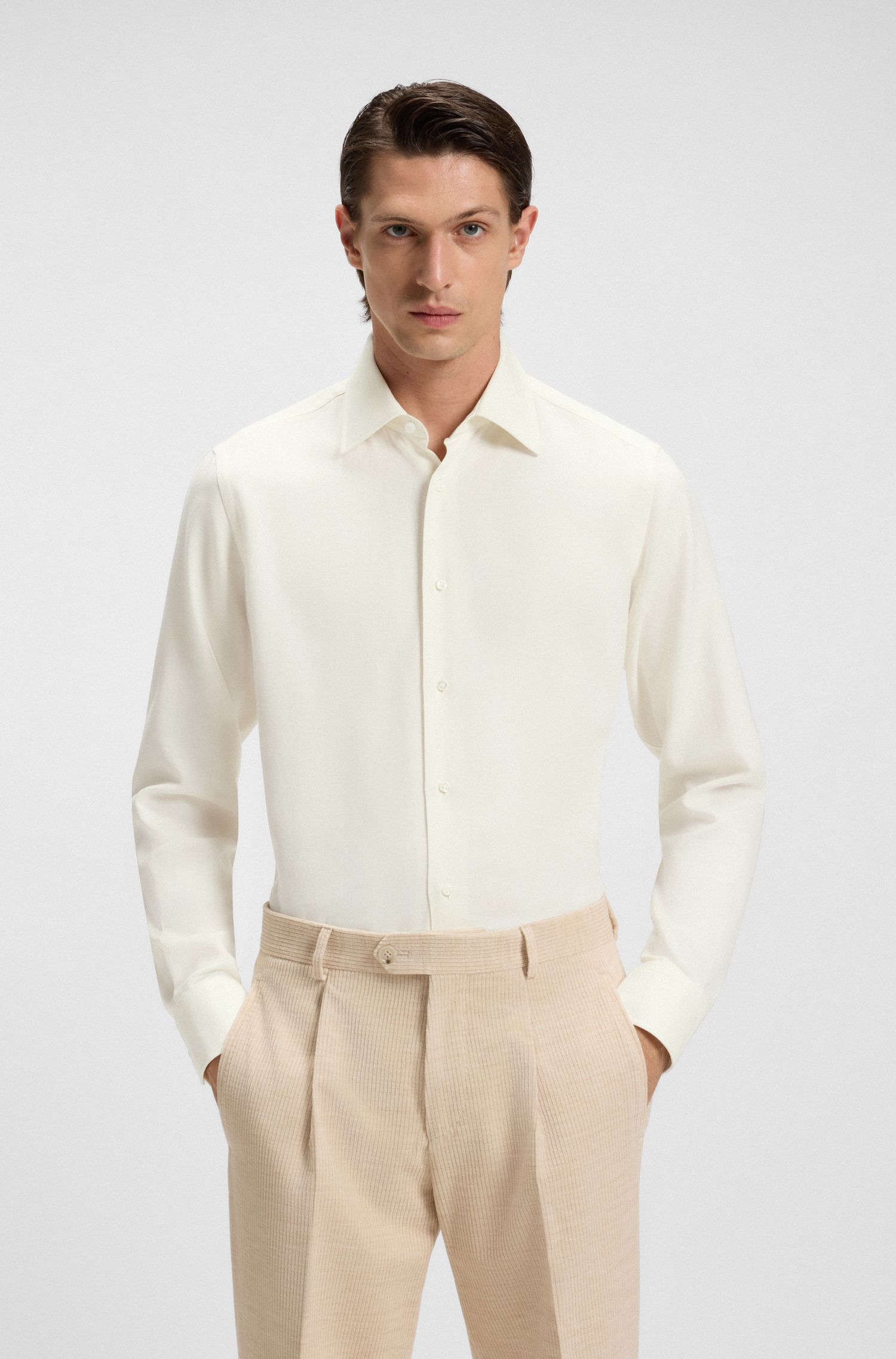 Áo sơ mi dáng regular fit bằng cotton cashmere Ý dệt chéo