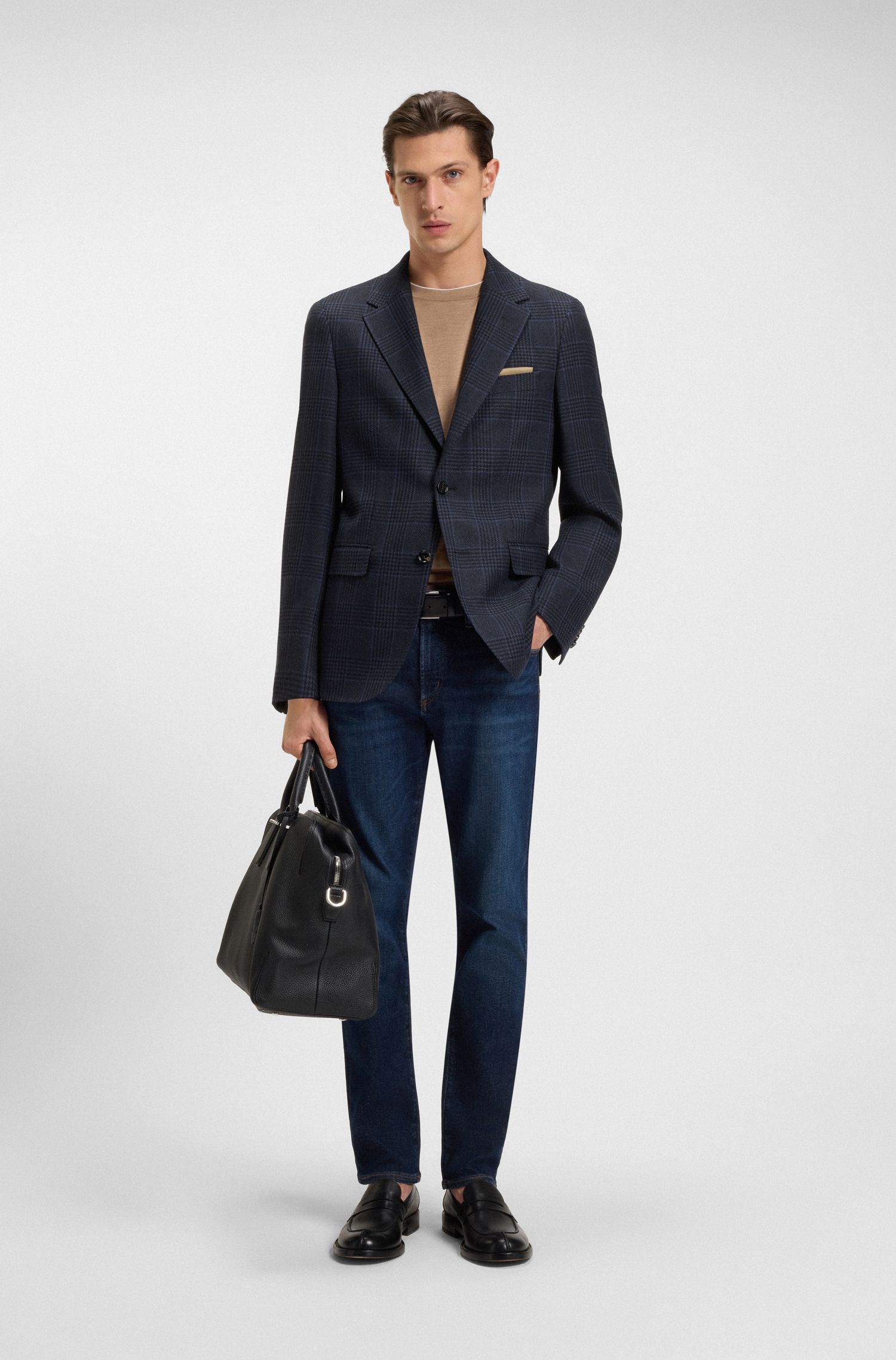 BOSS - Áo blazer dáng regular fit len pha cashmere kẻ caro