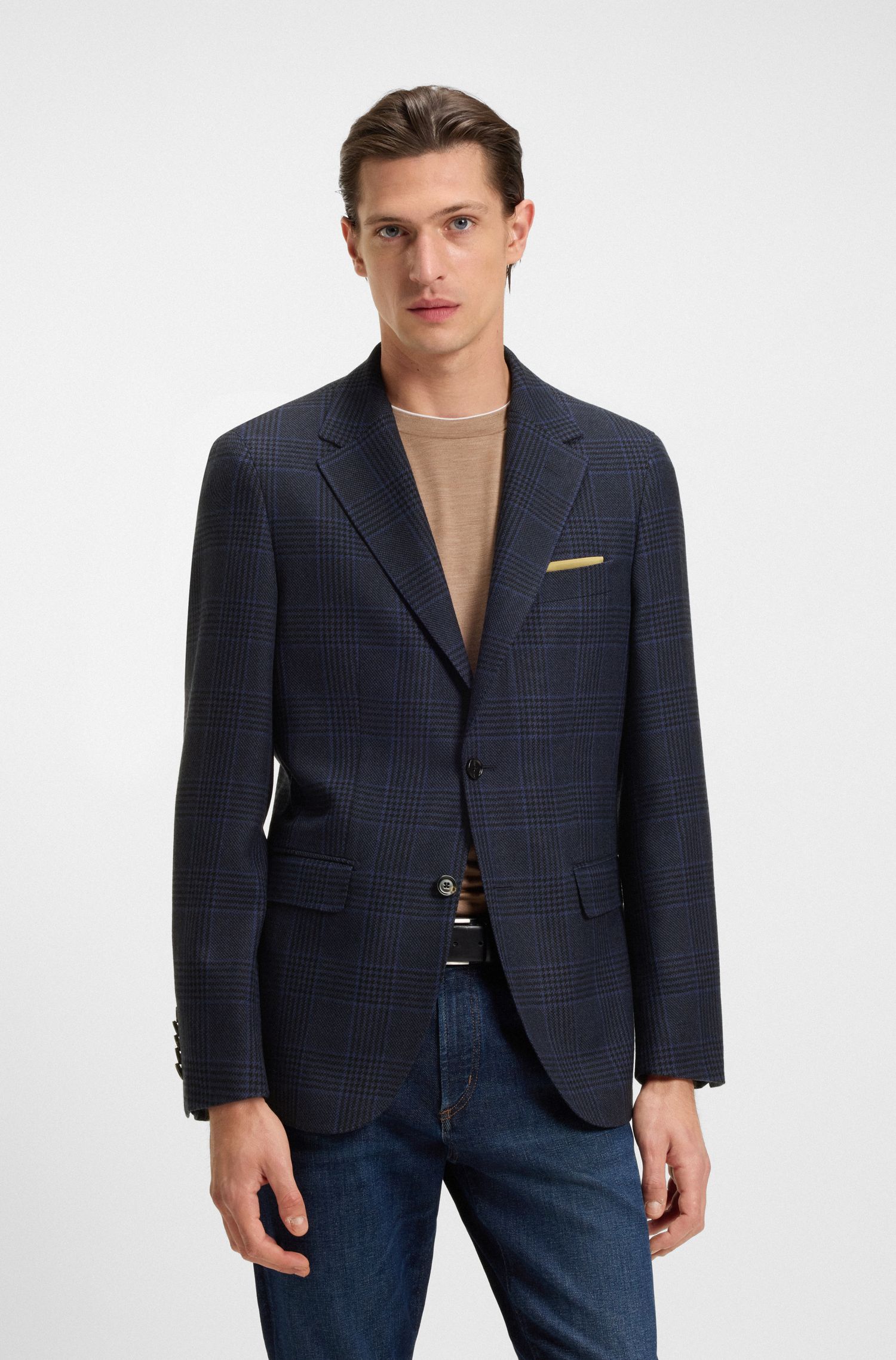 Áo blazer dáng regular fit len pha cashmere kẻ caro