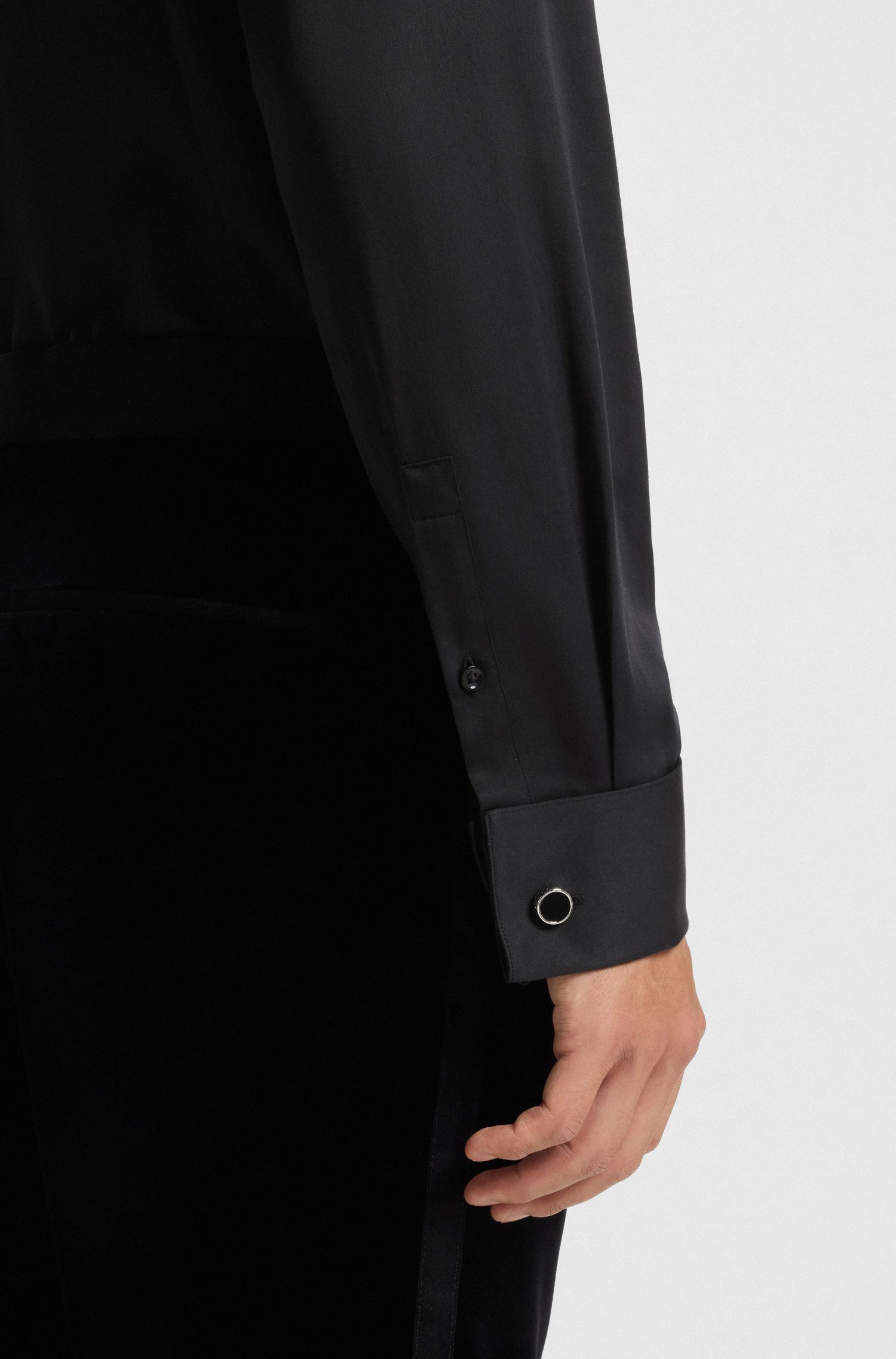 BOSS - Áo sơ mi dáng slim fit vải cotton satin dễ ủi
