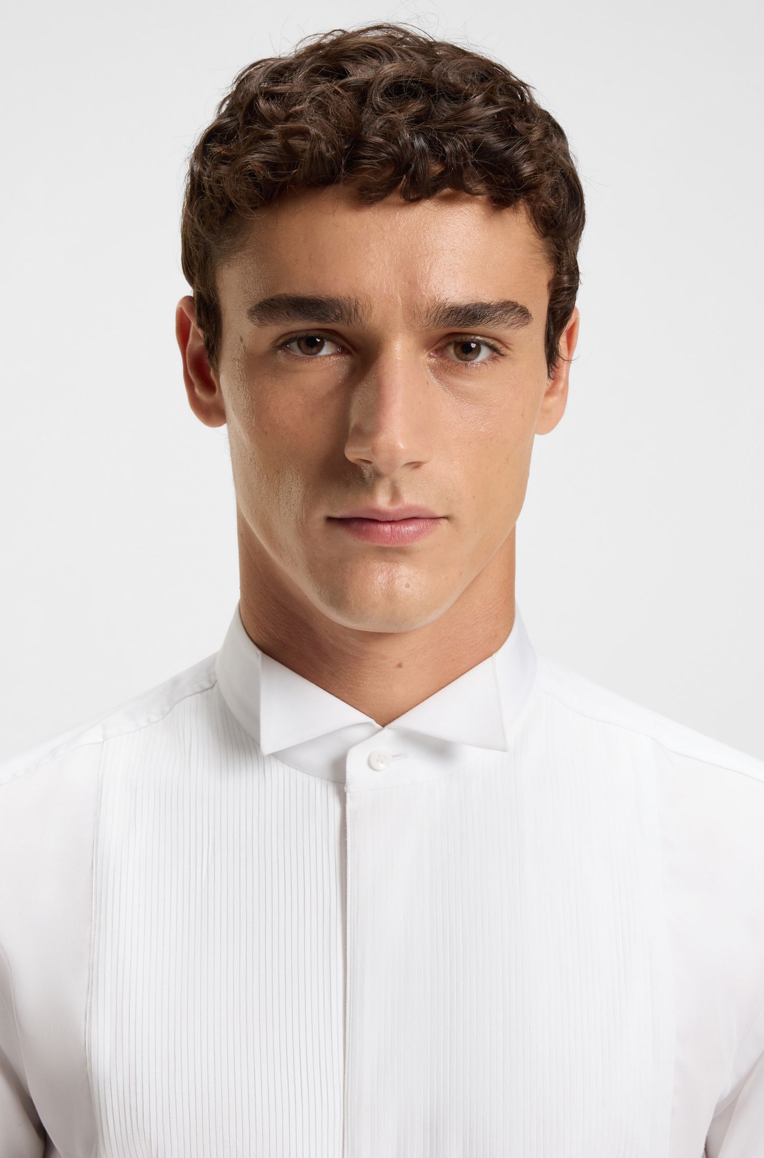BOSS - Áo sơ mi dáng slim fit vải cotton satin dễ ủi