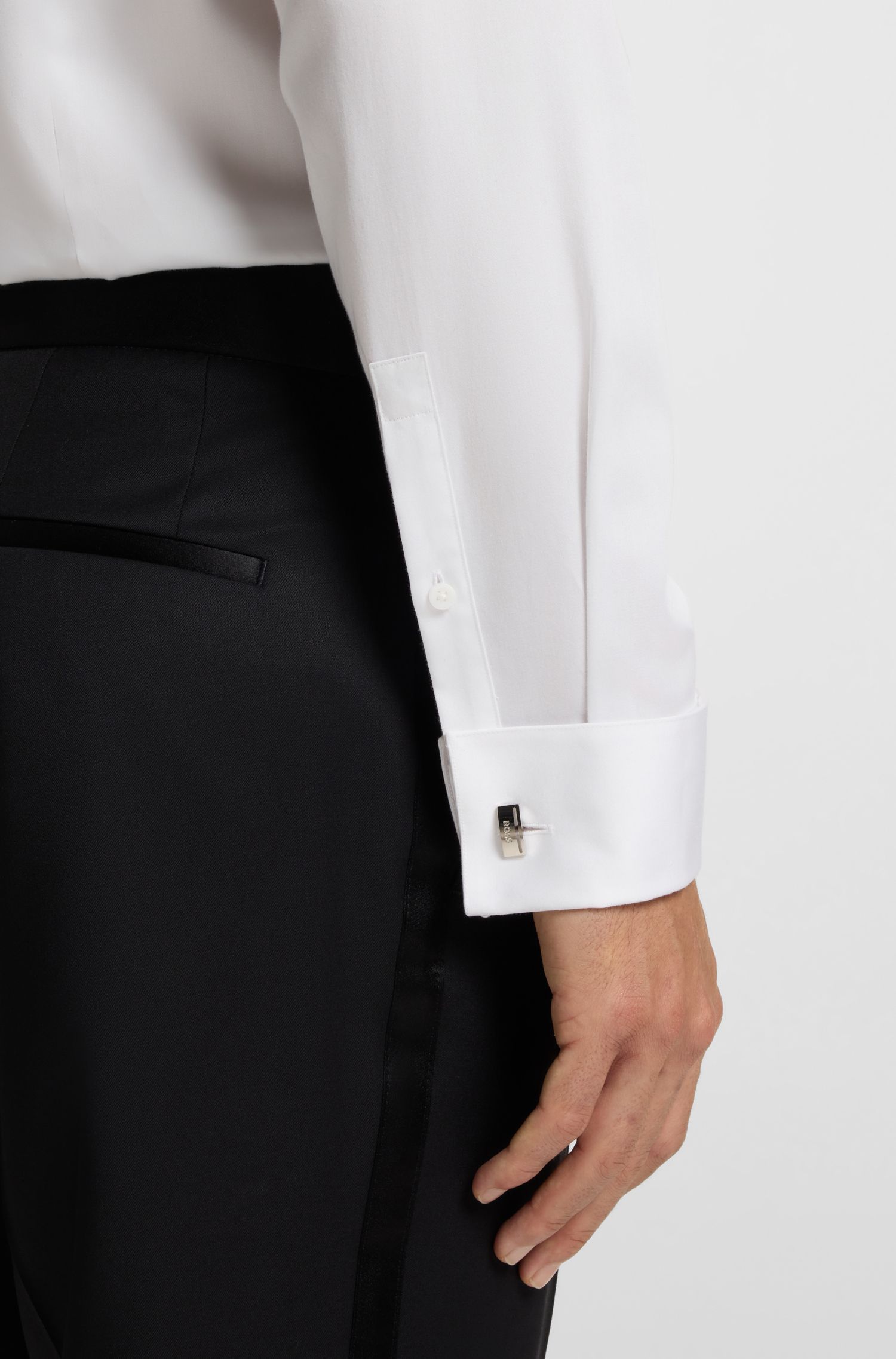 BOSS - Áo sơ mi dáng slim fit vải cotton satin dễ ủi