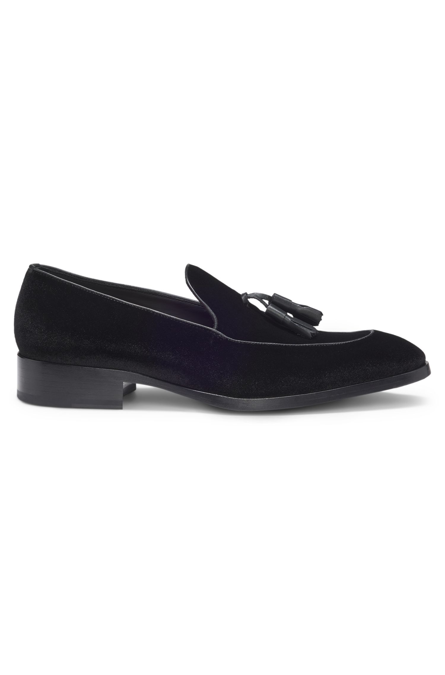 BOSS - Giày loafer velvet viền trang trí tua rua