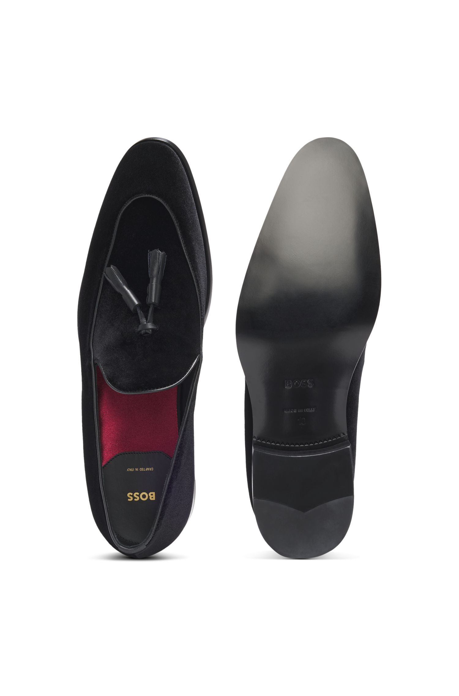 BOSS - Giày loafer velvet viền trang trí tua rua