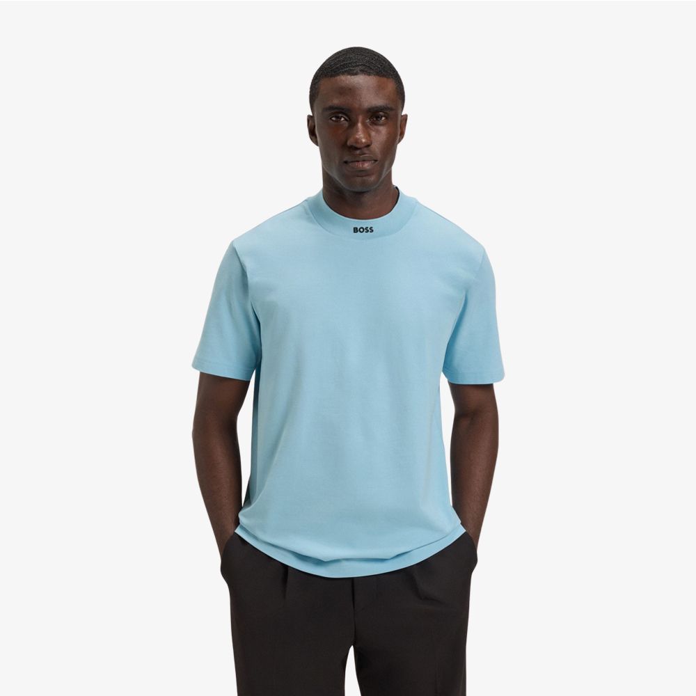 BOSS - Áo thun dáng relaxed fit vải cotton co giãn với cổ có logo