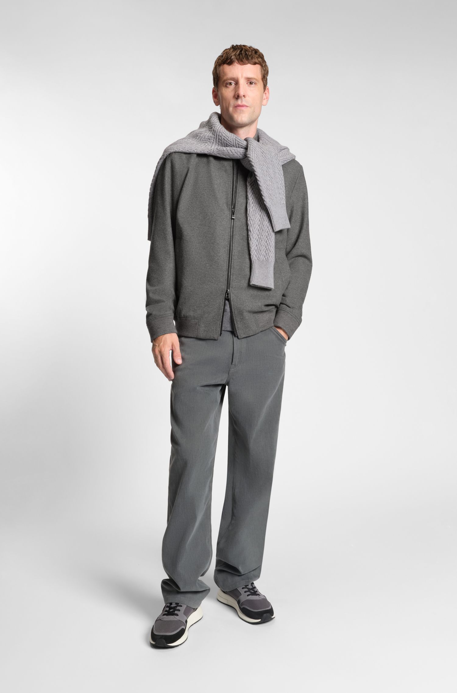 BOSS - Áo blazer dáng slim-fit vải flannel chải co giãn