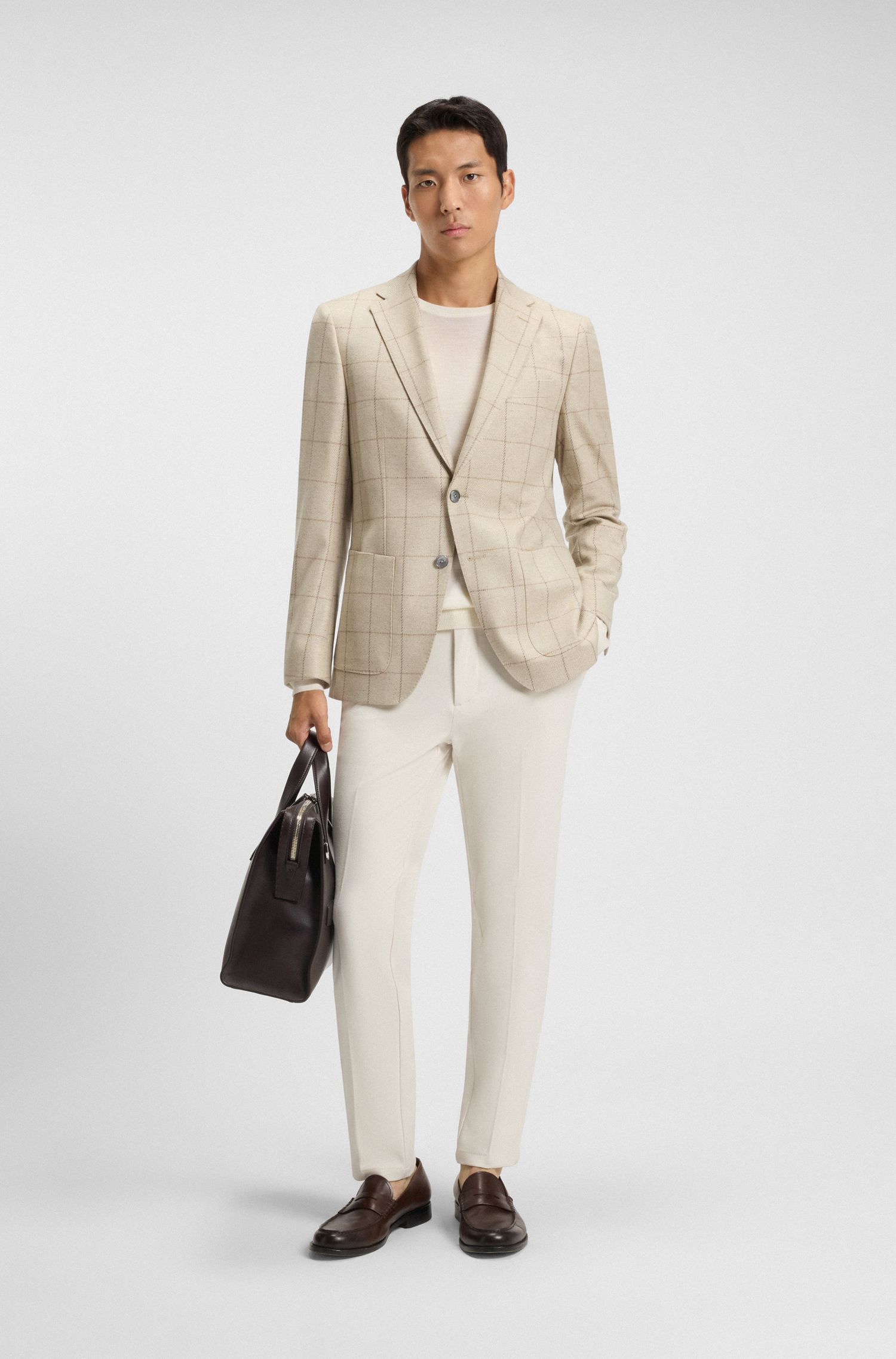 BOSS - Áo blazer dáng regular-fit vải len pha kẻ sọc