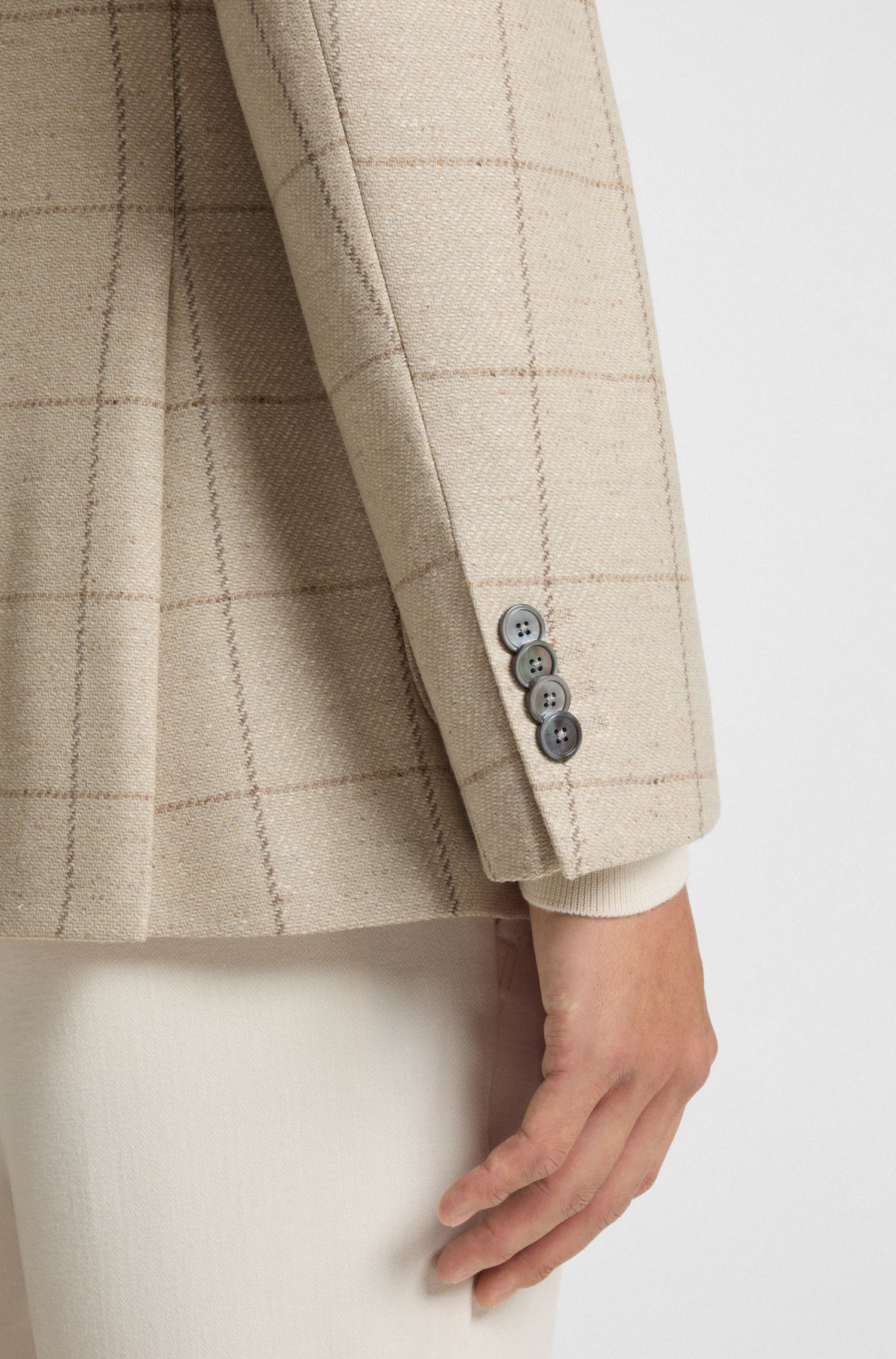 BOSS - Áo blazer dáng regular-fit vải len pha kẻ sọc
