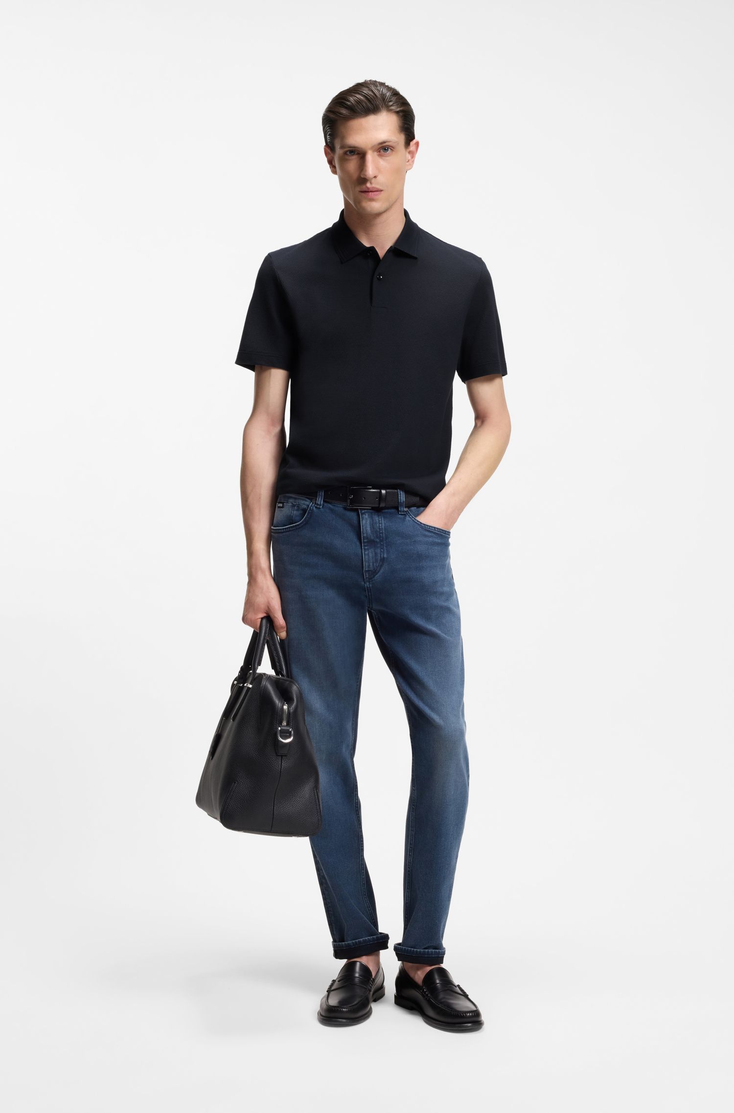 BOSS - Áo polo pha cotton với họa tiết jacquard xếp lớp tạo hiệu ứng bong bóng