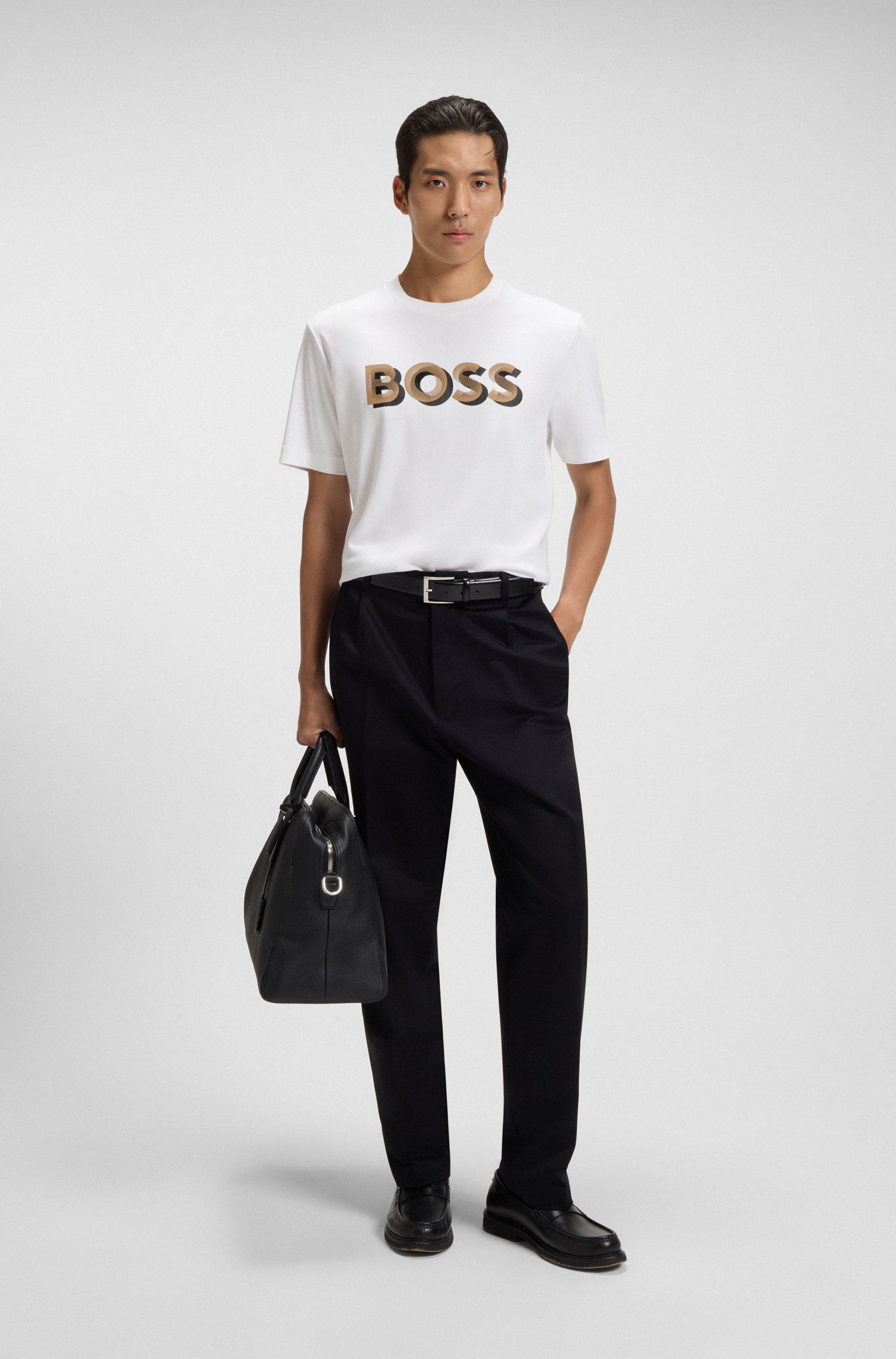 BOSS - Áo thun cotton mercerised in logo nghệ thuật