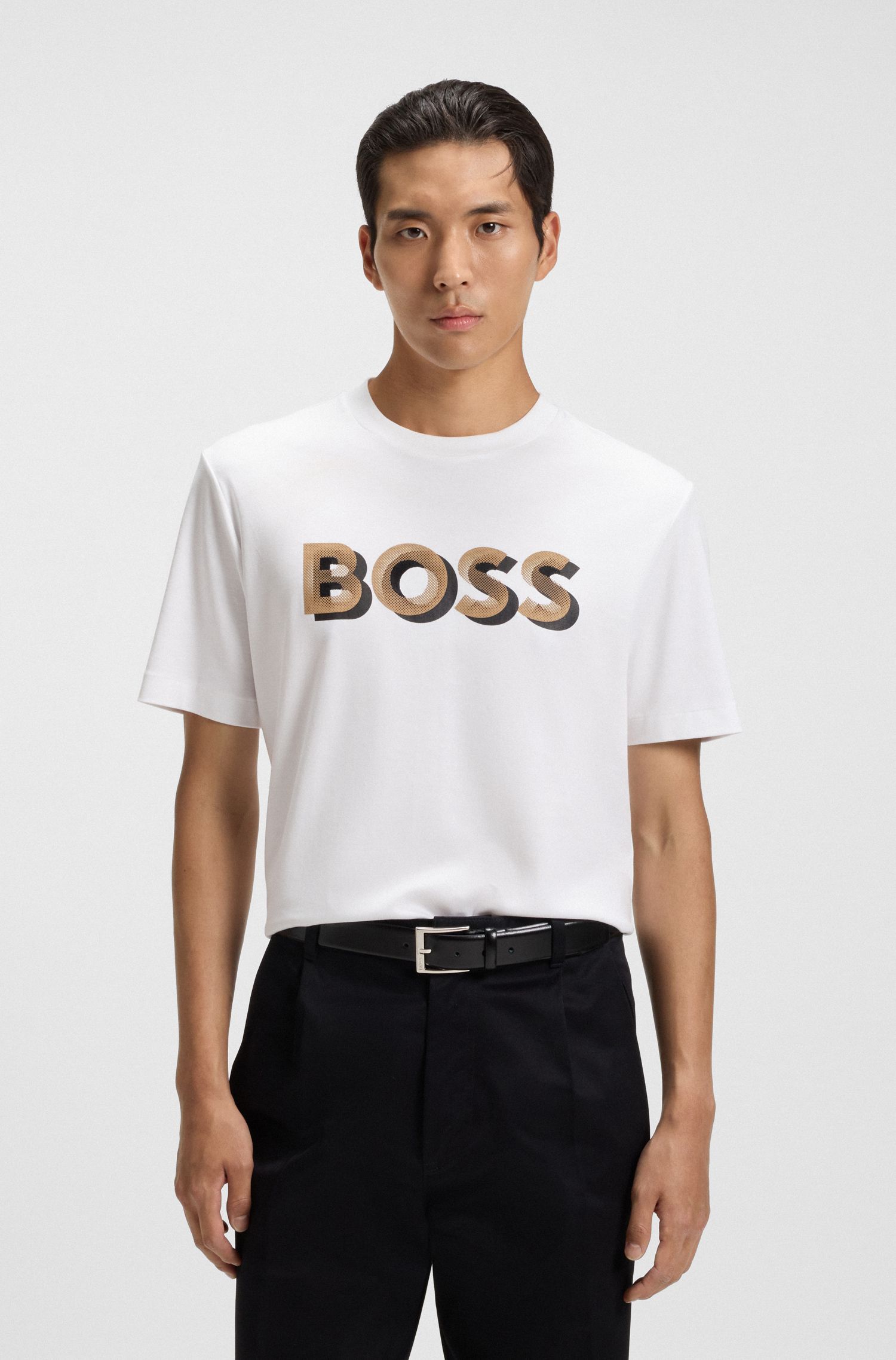 BOSS - Áo thun cotton mercerised in logo nghệ thuật
