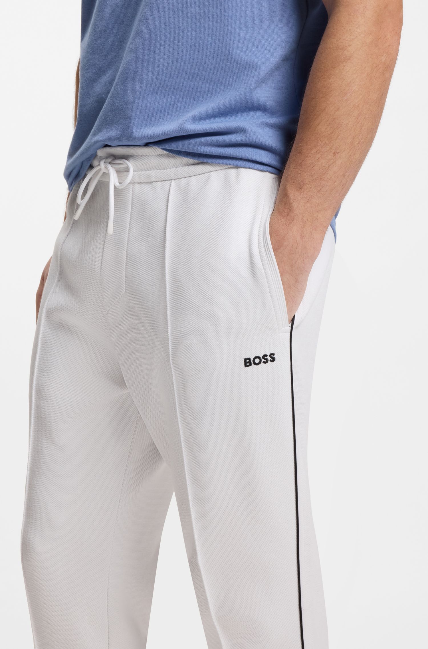 BOSS - Quần tracksuit cotton phối viền kẻ