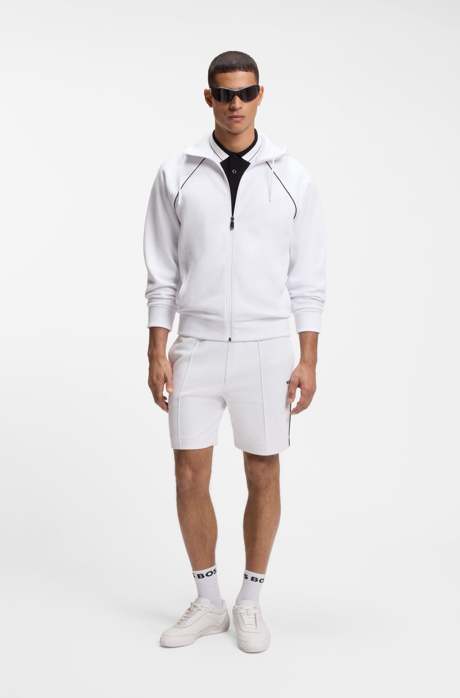 BOSS - Áo hoodie Zip Up cotton viền đen