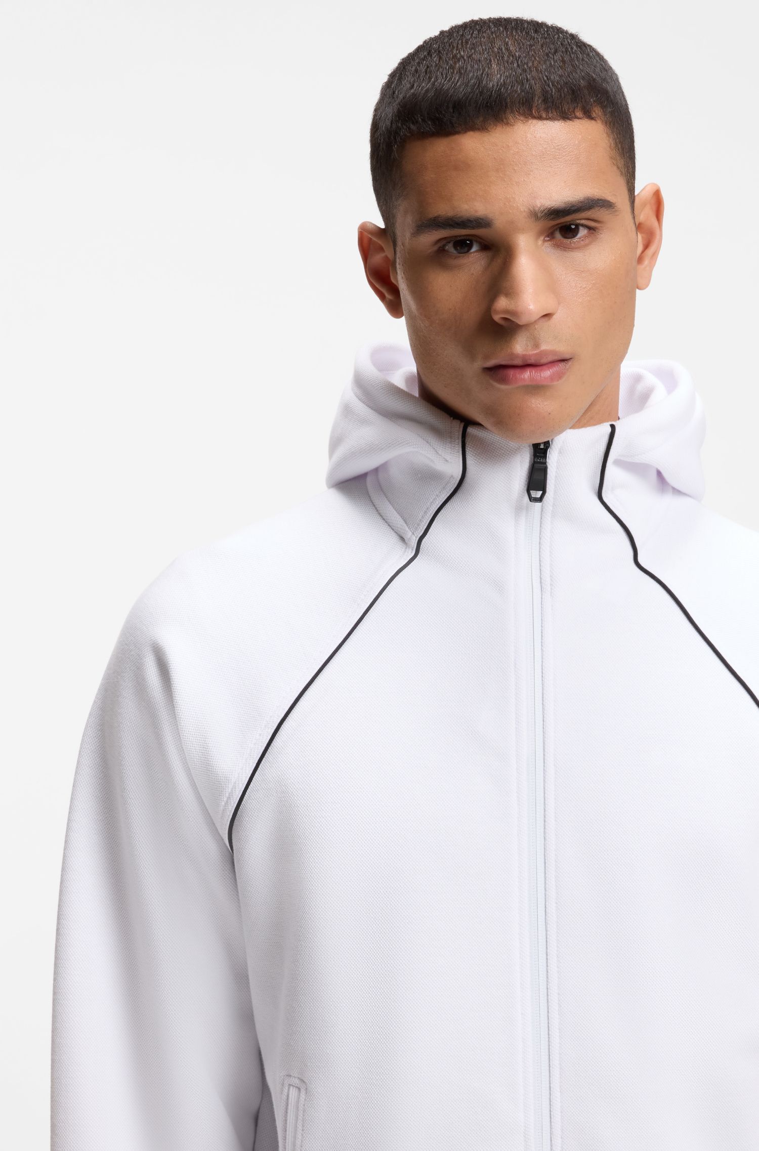 BOSS - Áo hoodie Zip Up cotton viền đen