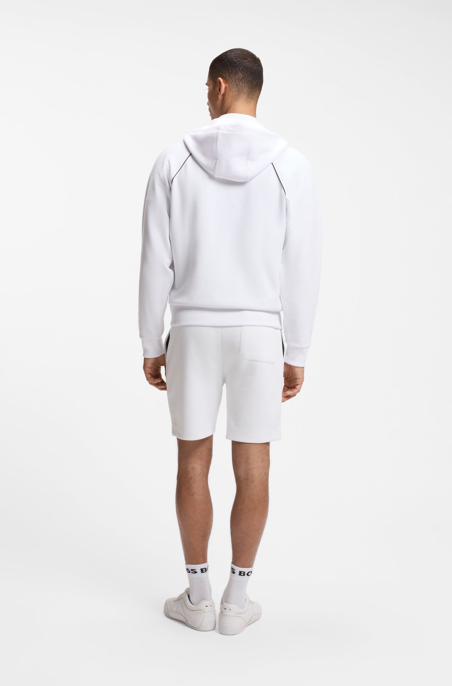 BOSS - Áo hoodie Zip Up cotton viền đen
