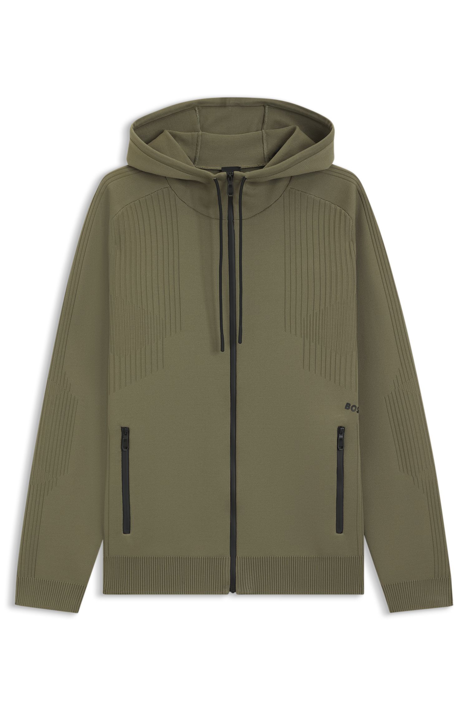 BOSS - Áo hoodie regular fit có khóa kéo, họa tiết sọc jacquard