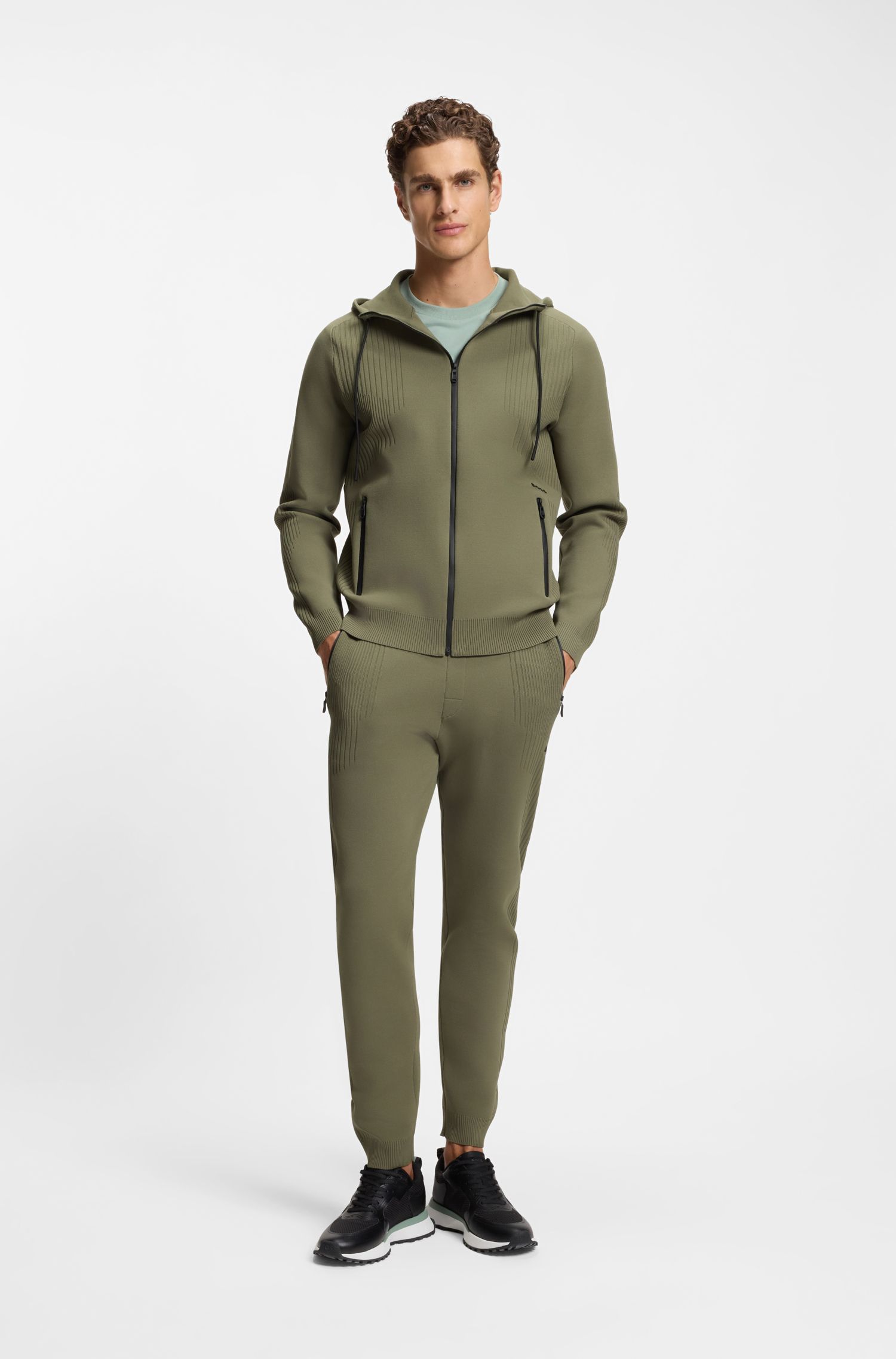 BOSS - Áo hoodie regular fit có khóa kéo, họa tiết sọc jacquard