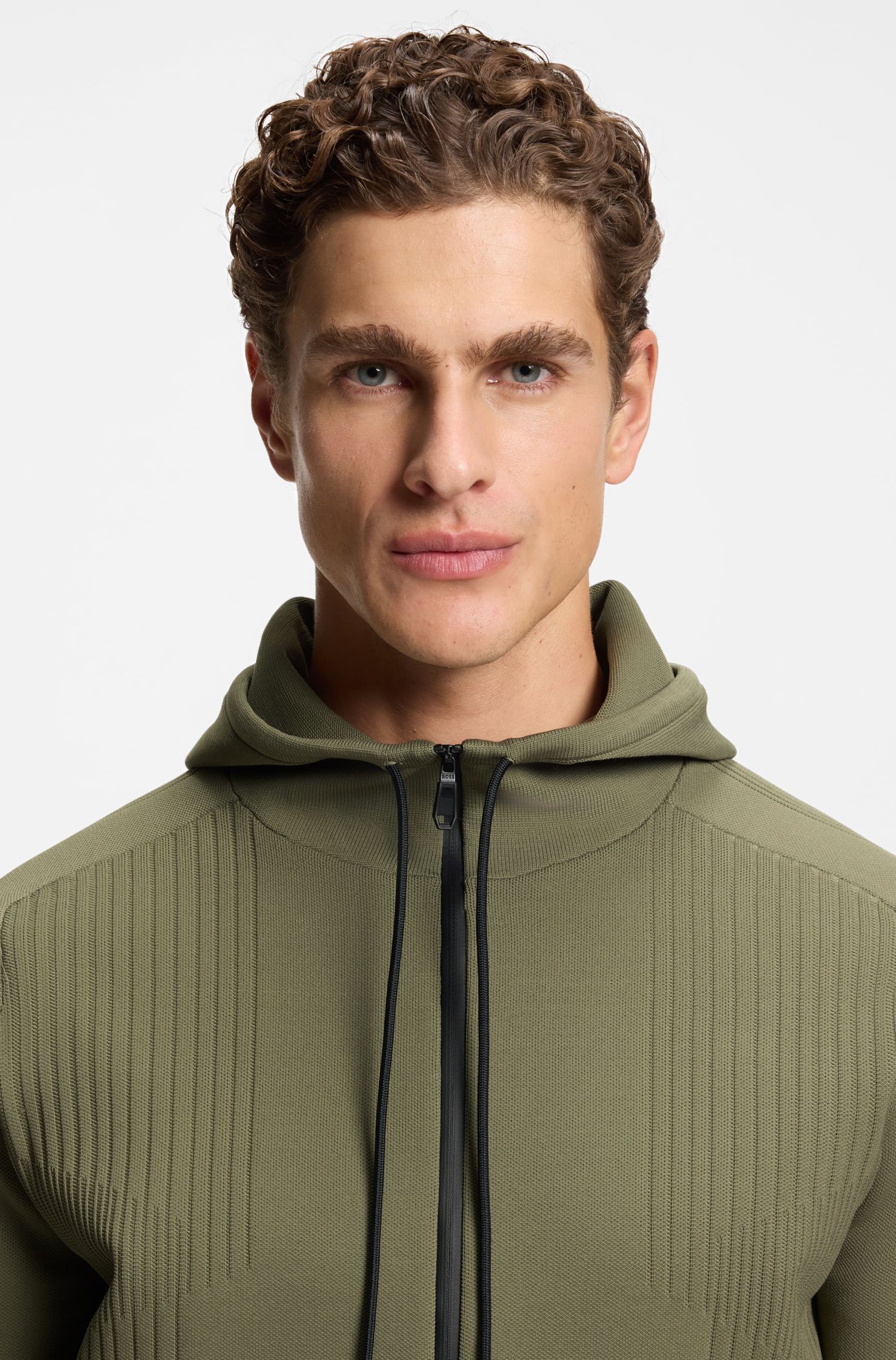 BOSS - Áo hoodie regular fit có khóa kéo, họa tiết sọc jacquard