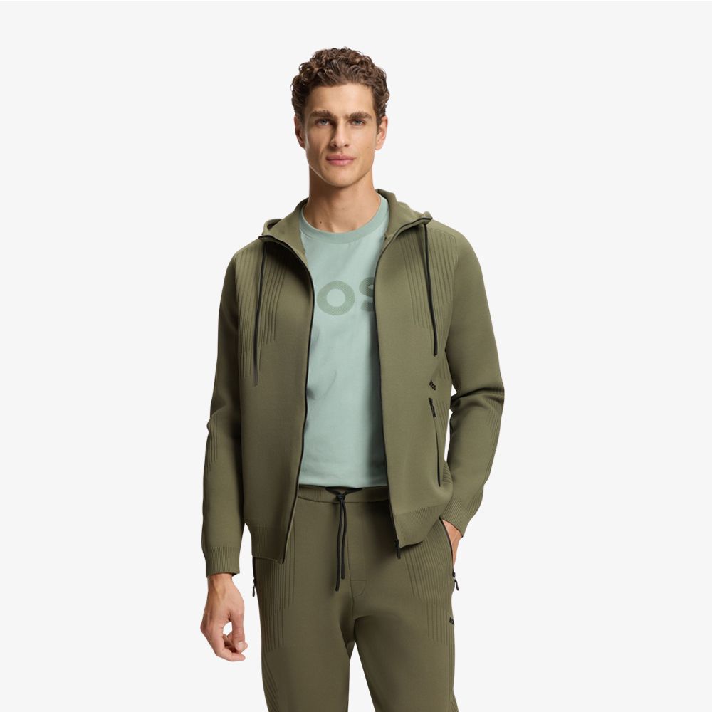 BOSS - Áo hoodie regular fit có khóa kéo, họa tiết sọc jacquard