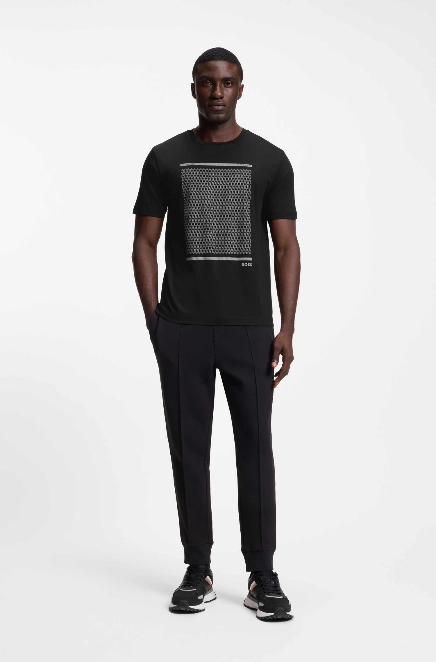 BOSS - Áo thun cotton hoạ tiết hình học