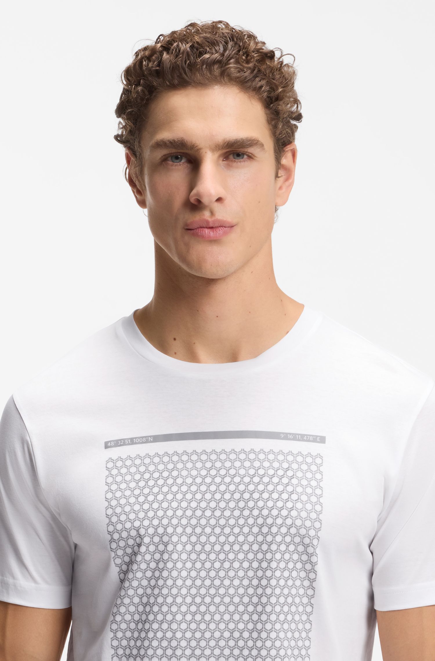 BOSS - Áo thun cotton hoạ tiết hình học