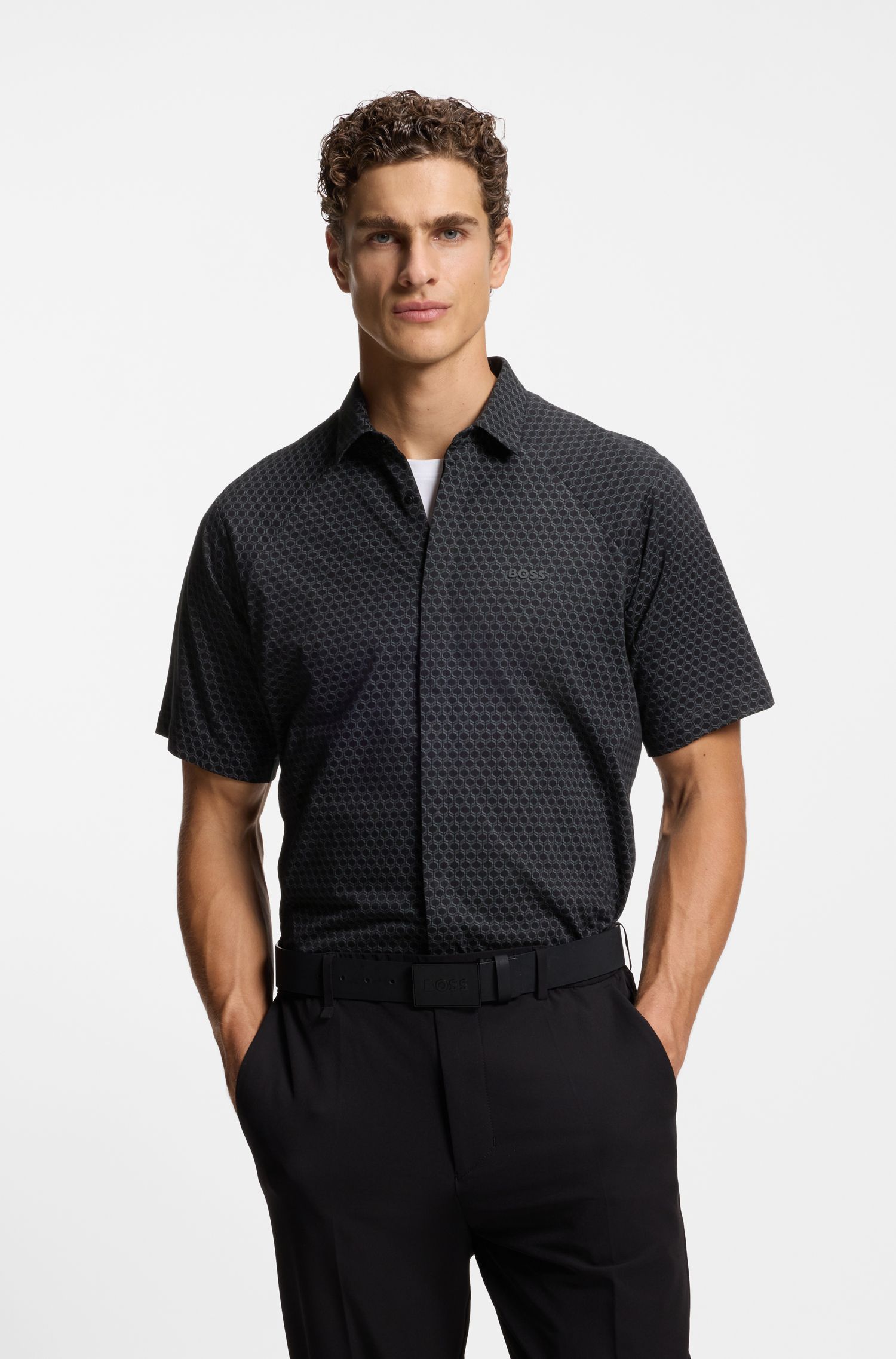 BOSS - Áo sơ mi regular fit vải cotton piqué dệt kim