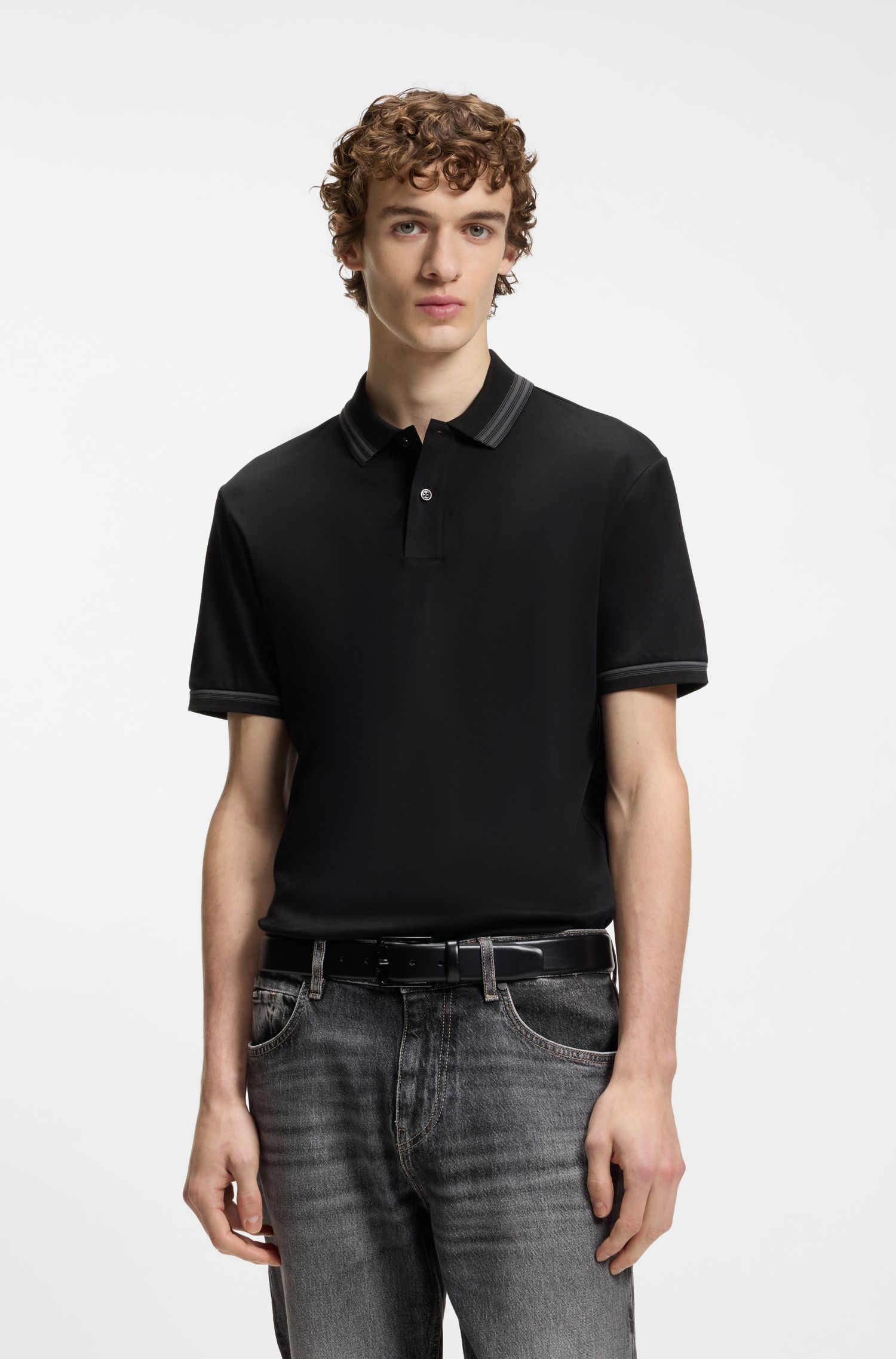 BOSS - Áo polo dáng slim-fit, viền tương phản, cotton mercerized