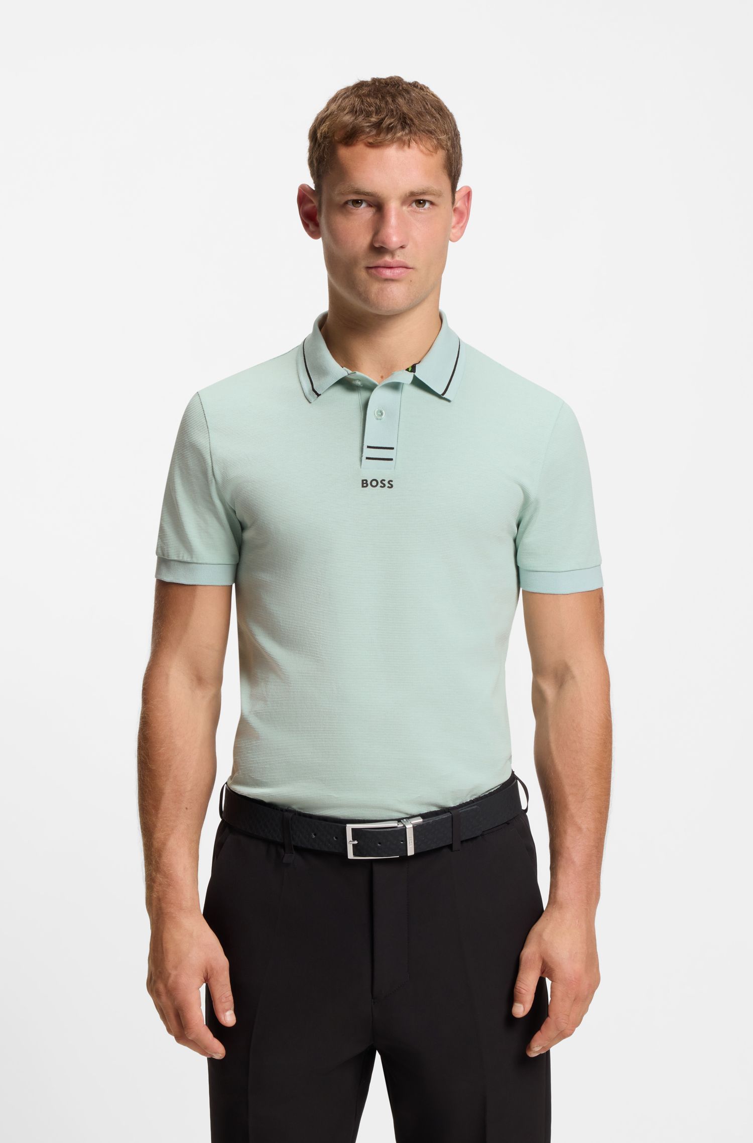 BOSS - Áo polo PAULE cài nút với sọc và logo