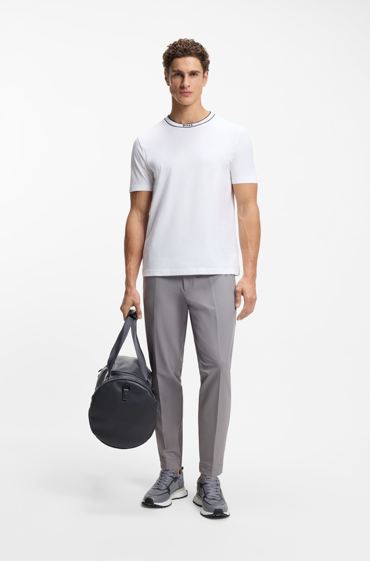 BOSS - Áo thun cổ tròn vải cotton có logo